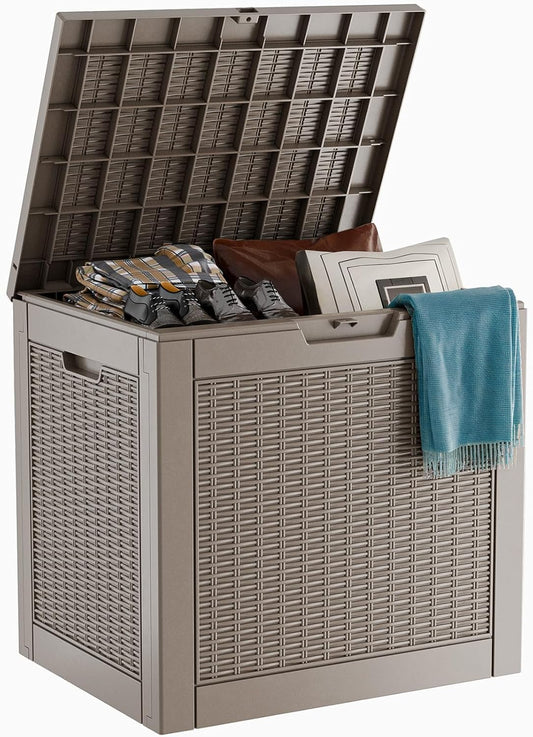 31 Gallon Waterproof Outdoor Storage Box,Resin Deck Box,Lockable Outside Storage Box Container for Patio Furniure,Garden,Pool Tools (31 Gallon,Grey)