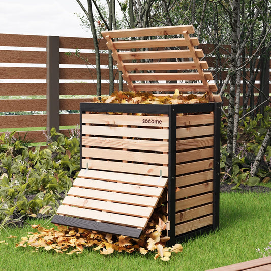 95 Gallon Solid Wood Composter, Outdoor Compost Bin with Pull-Out Door, Large Composting Bin for Backyard, Garden, Patio, Natural