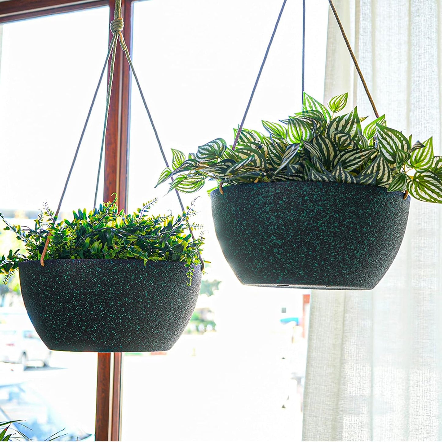13 Inch 2 Pack Large Hanging Planters for Indoor Outdoor Plants, Plastic Hanging Basket Pots for House Plants Flowers, Black Speckles