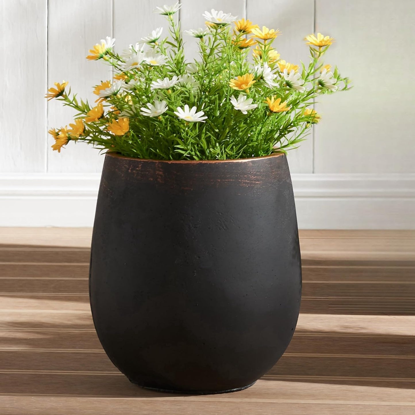 15.5" H Outdoor Concrete Planter, Round Flower Pot with Drainage Hole and Silicone Plug, Plant Container for Garden, Patio, Home, Office, Black, Copper Rim, 1 Pack