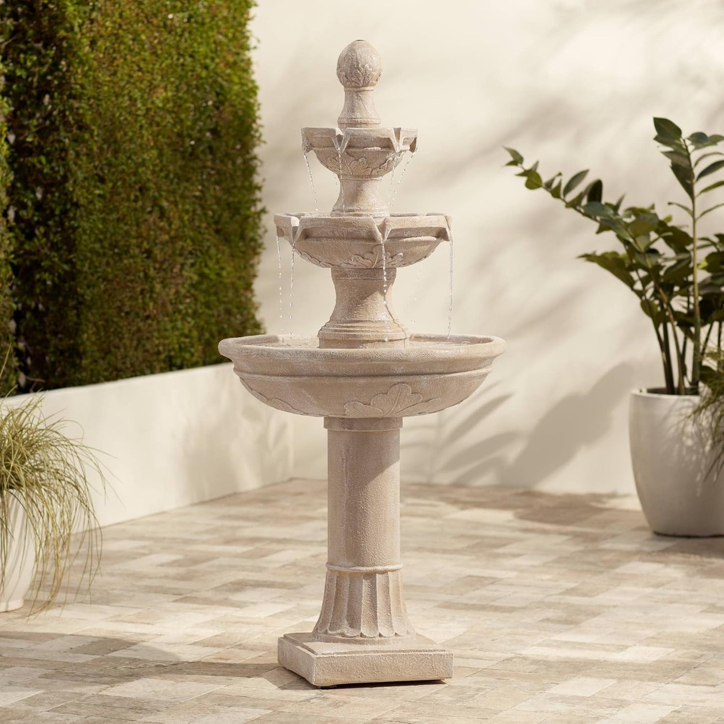 Stafford 48" High Large Traditional Italian Indoor Outdoor Decor Faux Stone Floor Fountain Waterfall 3-Tier Standing Basin Water Feature for Outside Garden Patio Yard Backyard Porch - John Timberland