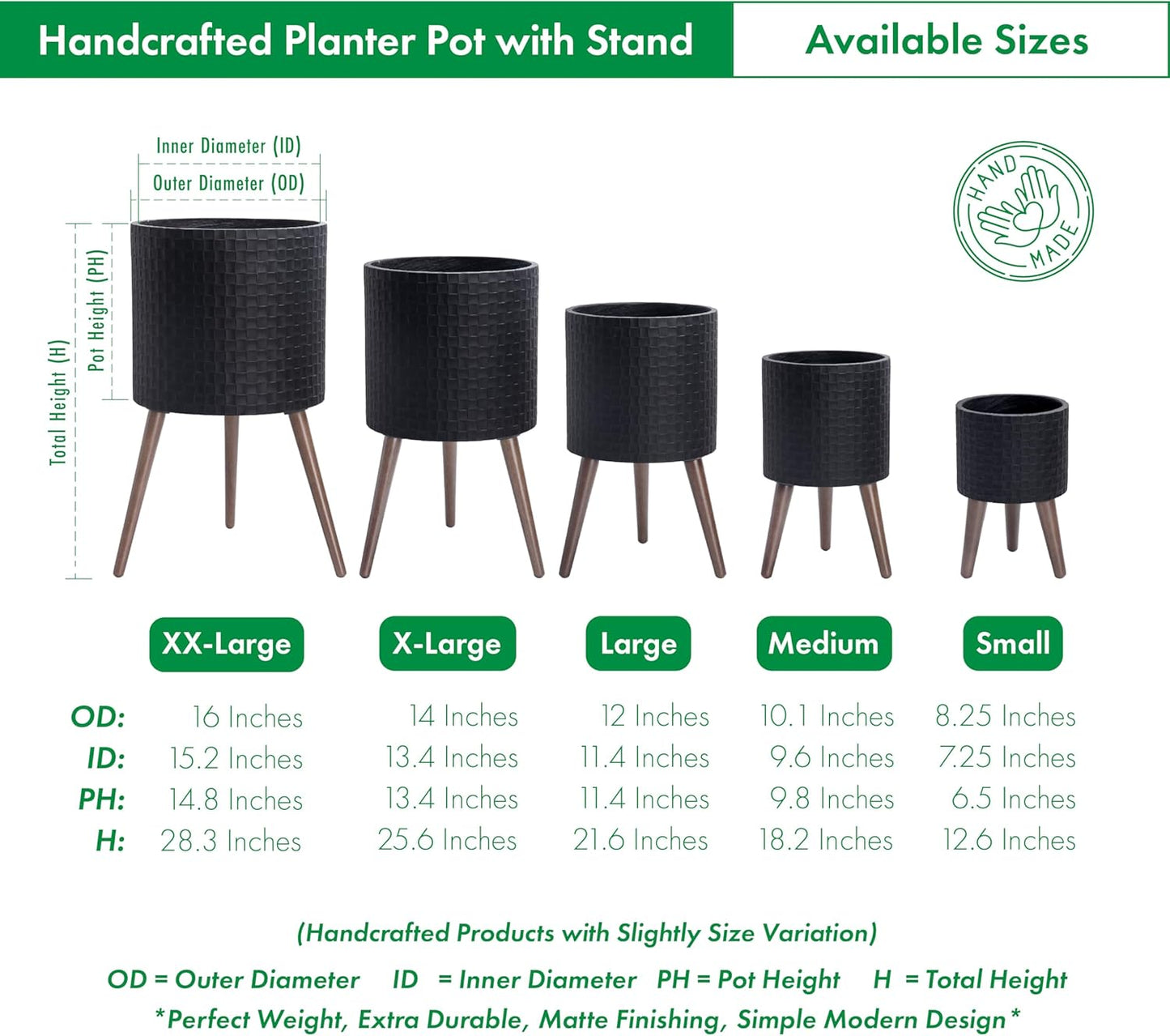 D'vine Dev 14 Inch Modern Geometric Tile Patterned Sleek Planter Pot with Stand, Indoor Outdoor Decorative Plant Holder, Matte Black, 88-Z-D-2