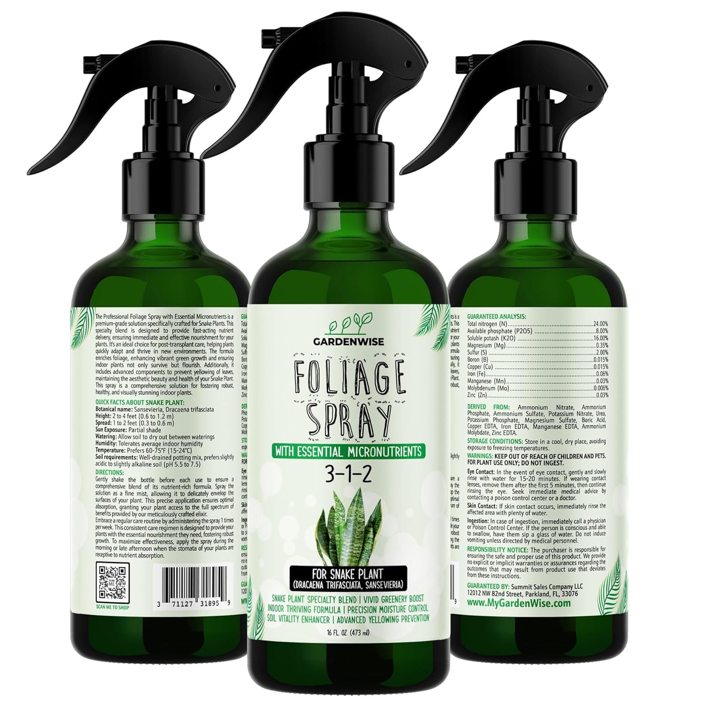 Professional Foliar Plant Spray with Essential Micronutrients 3-1-2 for Snake Plants, Dracaena trifasciata, Sansevieria - Liquid Fertilizer - Plant Food - Plant Shine - Plant Care (16 OZ)