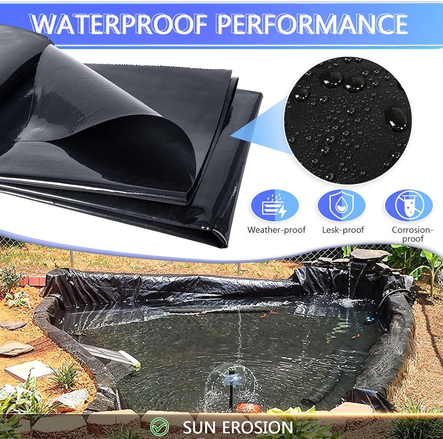 ToLanbbt Pond Liner 20 x 25.2 Ft HDPE Pond Liners, 20 Mil UV Resistant Preformed Pond Liner Easy Cutting, Pond Liner for Natural Looking Ponds, Waterfall, Koi Pondsand Water Garden (Black)