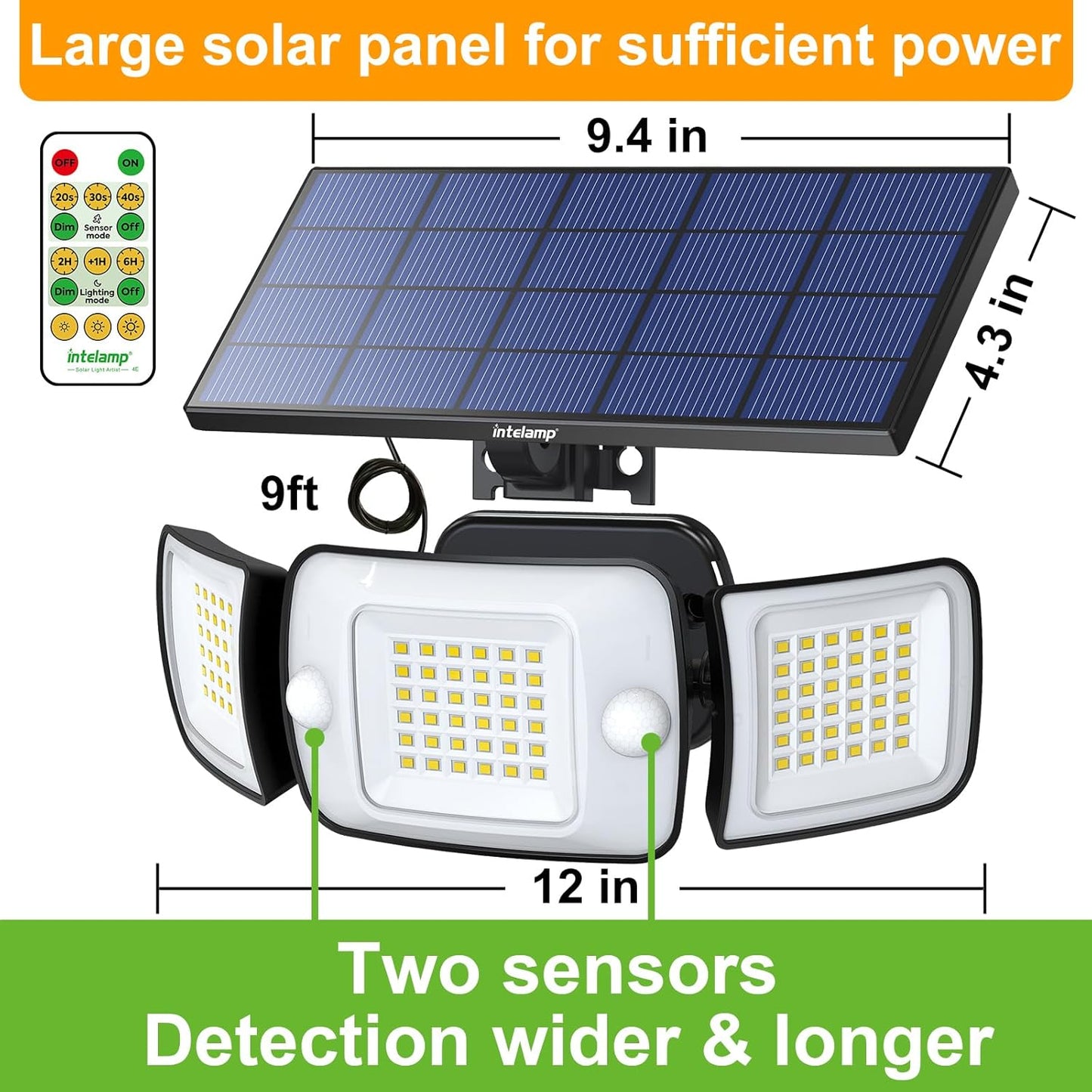 intelamp Solar Flood Lights Outdoor Waterproof, 2 Pack 6000mAh 1200LM Solar Powered Dual Motion Sensor LED Lighting Dusk to Dawn Security Floodlight Exterior with Remote 9.8ft Cable for Garden House