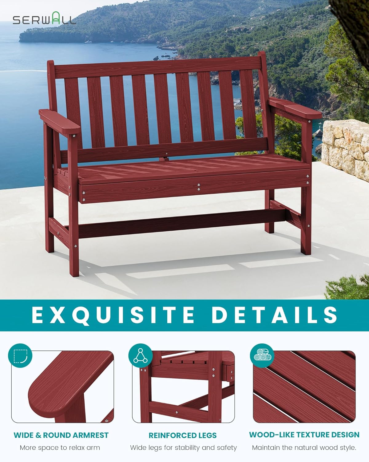 SERWALL Outdoor Bench, HDPE Outdoor Benches Weatherproof, 2-Person Garden Bench with 660 lbs Weight Capacity, Patio Benches for Outdoors, Garden, Porch, Backyard and Park, Red, 4 Pack