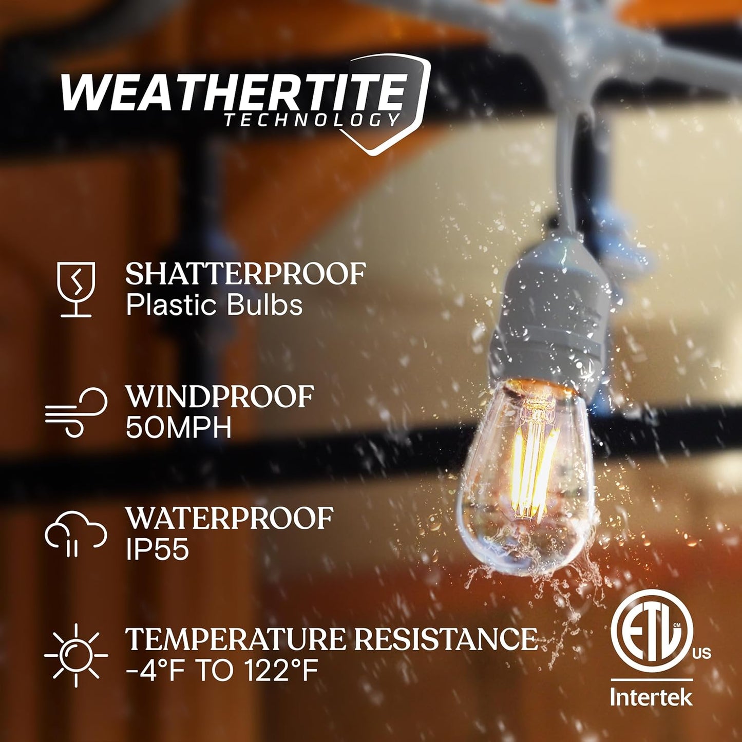 Brightech Ambience Pro Waterproof LED Outdoor String Lights, 48 Ft, Hanging, Dimmable Vintage Edison Bulbs, 15 Bulbs, 2W