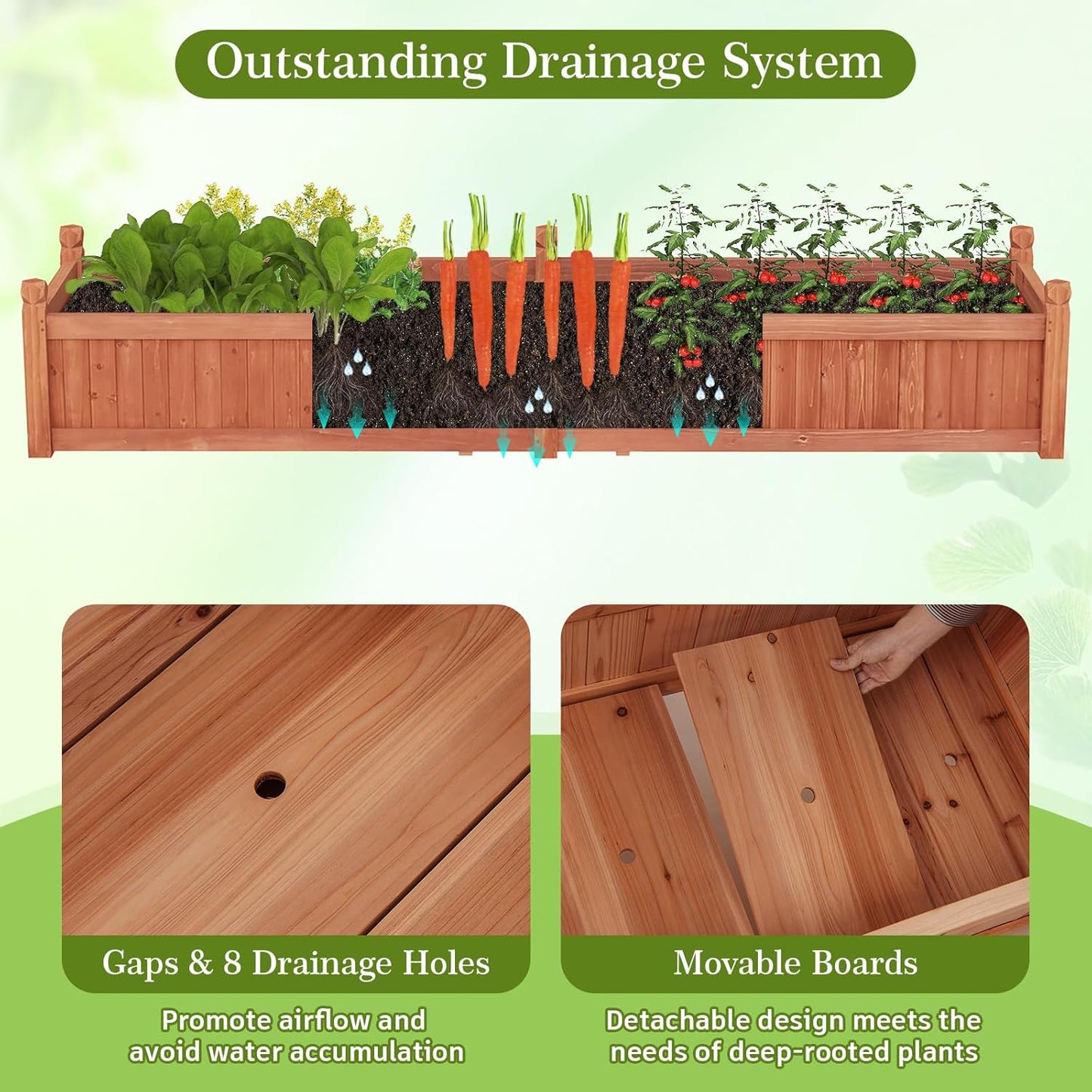 HAPPYGRILL Raised Garden Bed, Wood Elevated Flower Box with 8 Drain Holes, Liner, for Flowers, Vegetables, Herbs, Fruits, Outdoor Planter Box for Backyard, Garden, Lawn, 89" x 23.5" x 16"