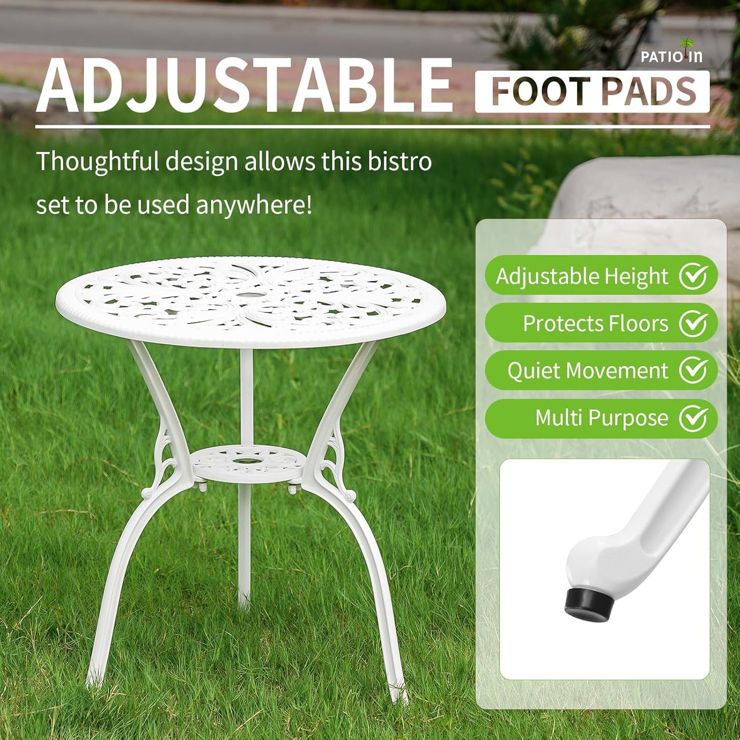 3 Piece Patio Bistro Set,Cast Aluminum Bistro Table Set Outdoor Round Dining Table with Umbrella Hole for Porch, Lawn, Garden, Backyard, Pool (White)