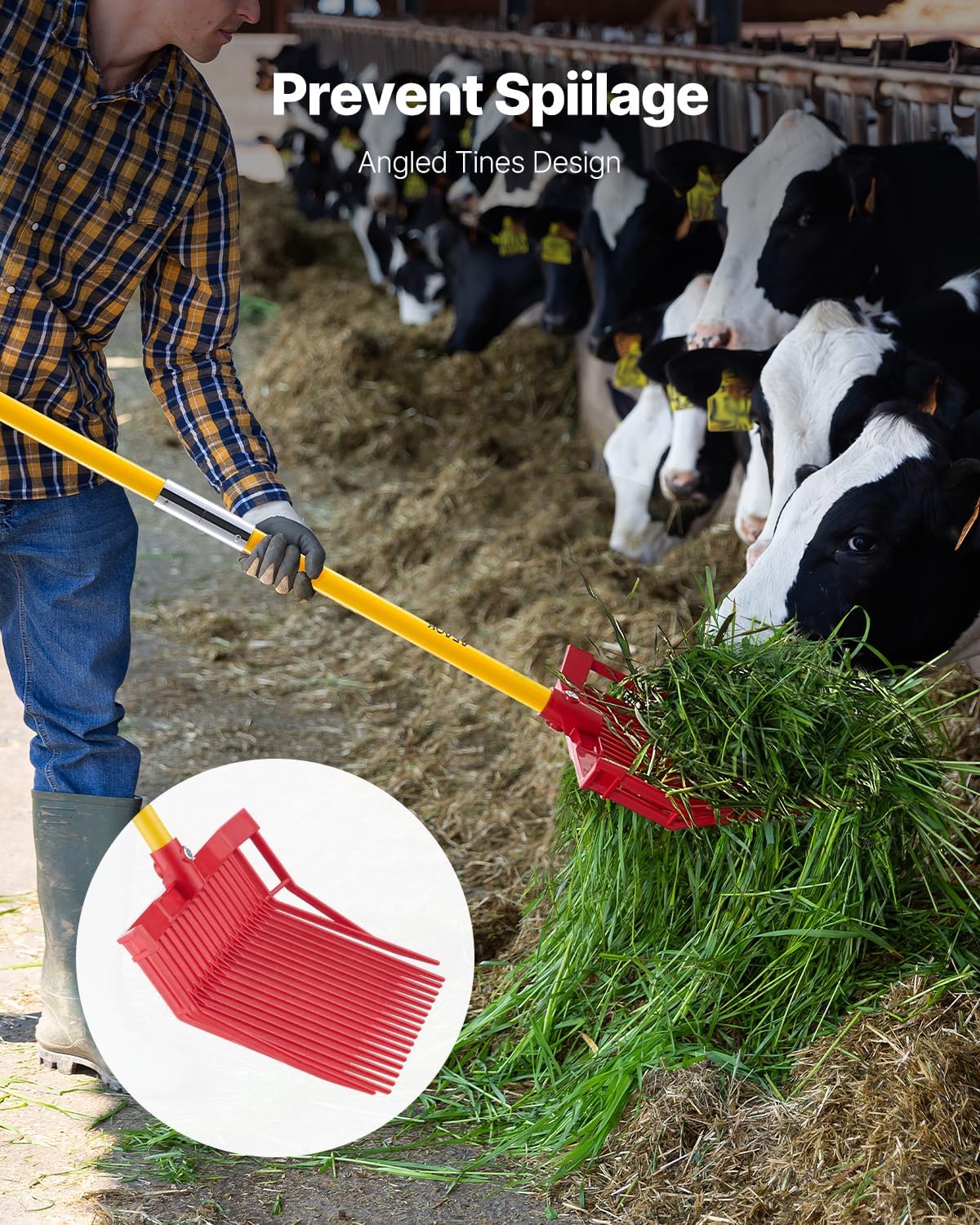 VEVOR Manure Fork, 18 Angled Tines, Horse Manure Rake with Long Fiberglass Handle, 61 in Durable Plastic Pitchfork Muck Rake Tool for Gardening Horse Stall Stable Grass Hay Cleaning Farm Work