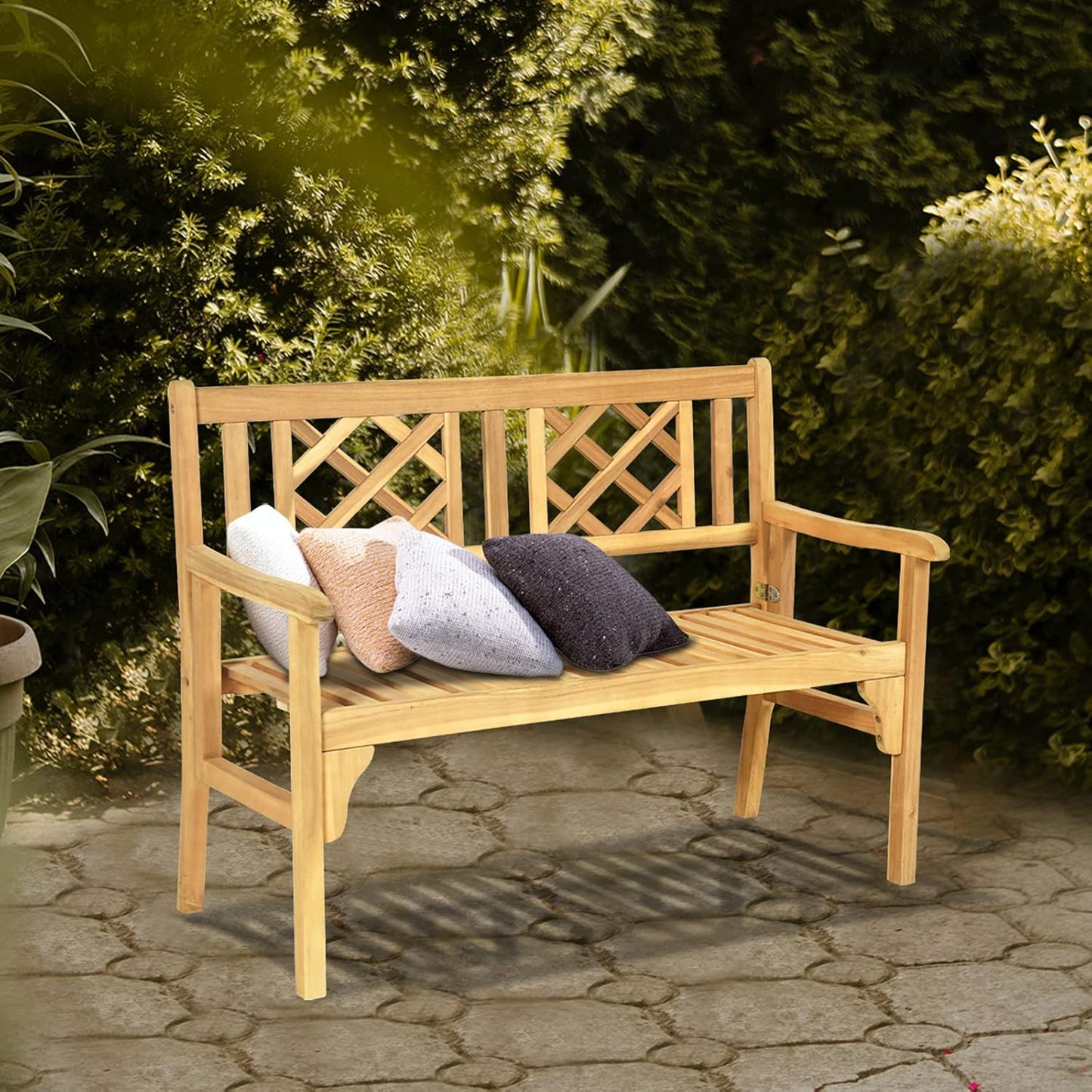 Tangkula Folding Outdoor Wood Garden Bench, Foldable Acacia Wood Patio Bench with Wide Curved Armrest & Backrest, Outside 2-Person Loveseat Chair for Entryway, Yard, Deck, Balcony & Park