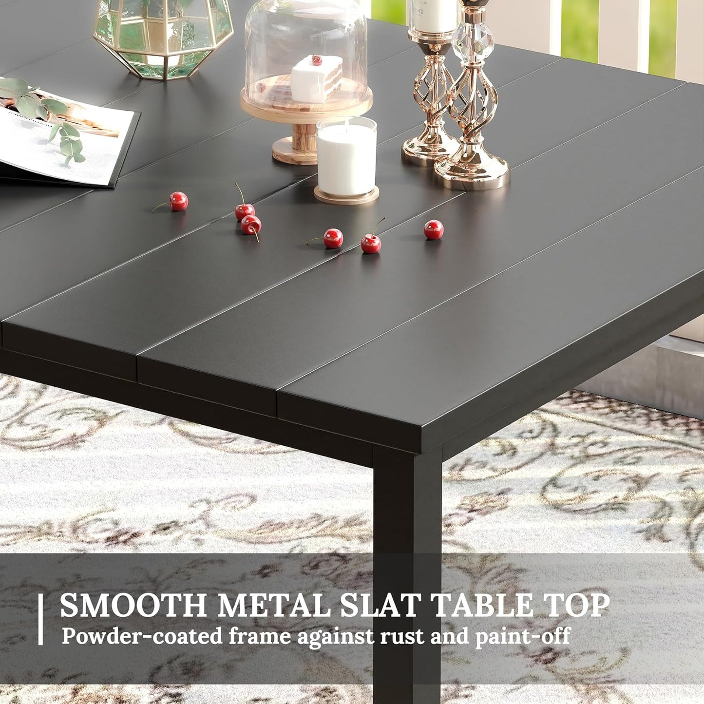 VICLLAX 63" Rectangle Patio Dining Table for 6, Outdoor Furniture Table with Umbrella Hole, All Weather 6 Person Metal Patio Table, Black Tabletop