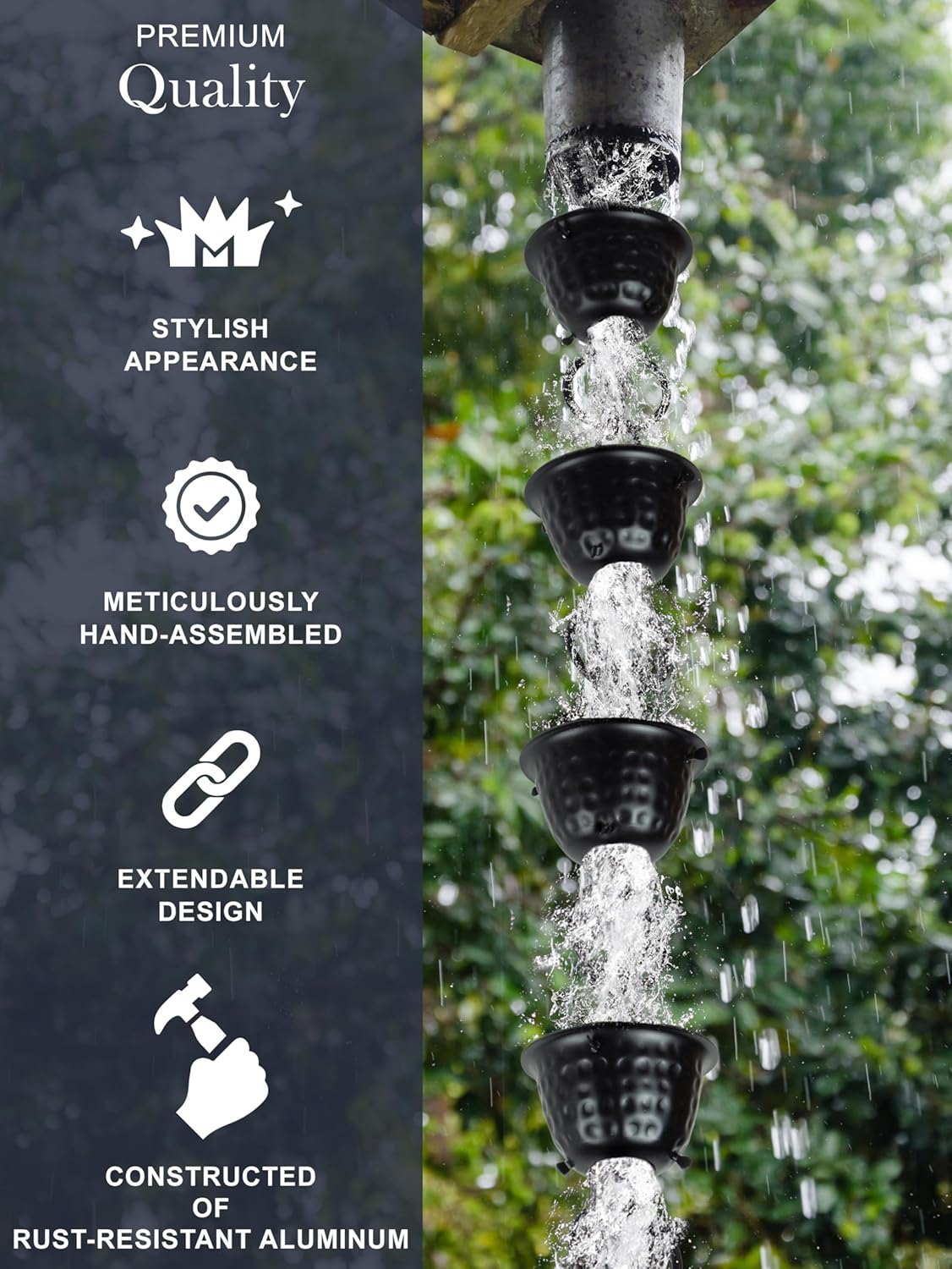Monarch Rain Chains Aluminum Hammered Cup Rain Chain, 8.5 ft Black Powder Coated Aluminum Decorative Rain Catcher Chain for Gutters, Black Aluminum Rain Gutter Replacement Downspout