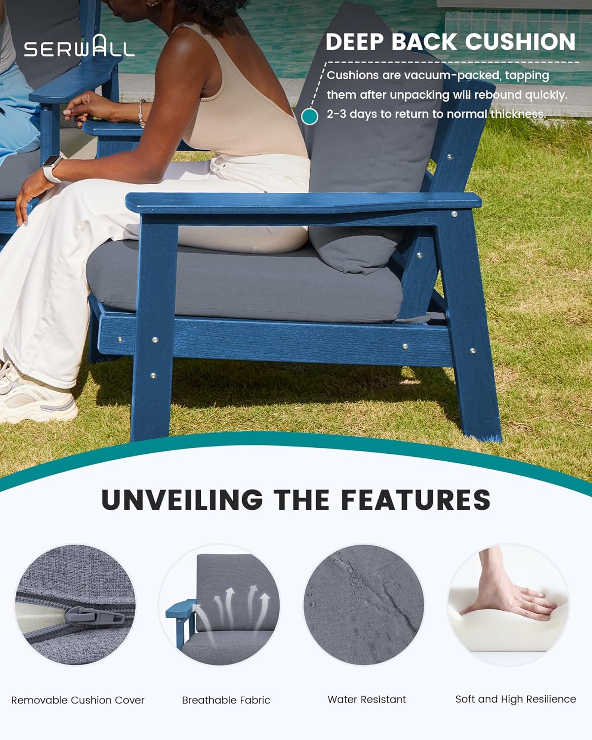 SERWALL HDPE Outdoor Furniture Set, 7 Piece All Weather Wood-Like Outdoor Sofa Sectional Couch, Blue Patio Furniture Set with Grey Cushions