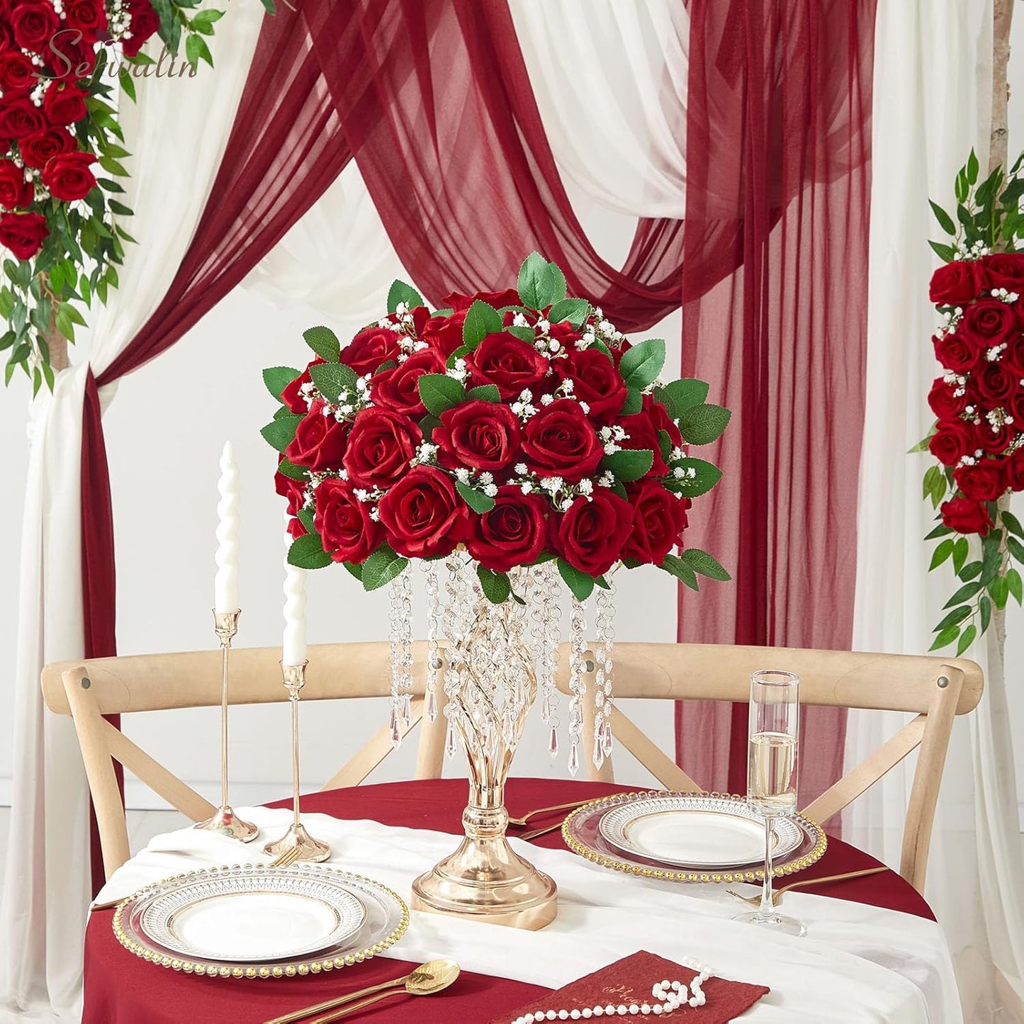 Serwalin 60 PCS Red Artificial Roses in Bulk, 3.15'' Flower Head Fake Silk Roses Realistic Roses for Bridal Bouquet Wedding Centerpieces Flower Arrangement Party Home Decor