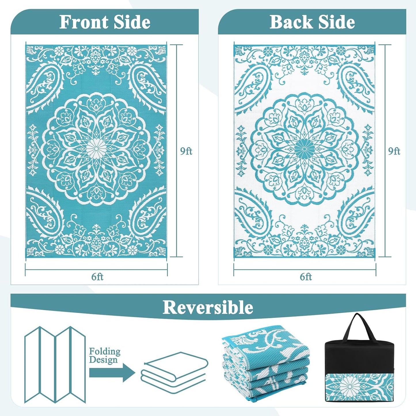 Pauwer Reversible Outdoor Rug, 6'x9', Waterproof Polypropylene Patio Mat, RV, Balcony, Deck, Beach, Picnic