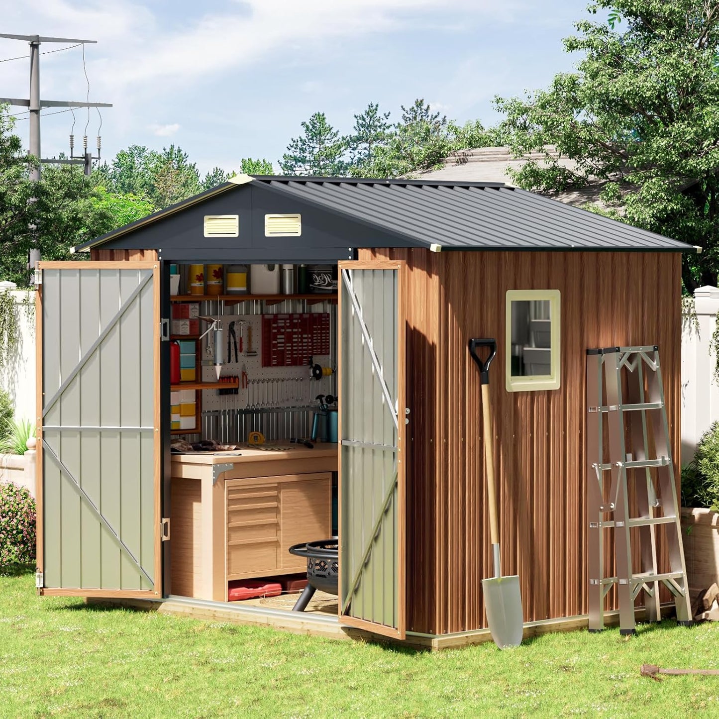 8x6 Ft Storage Shed, Large Outdoor Shed with Window, Lockable Doors, Outside Steel Shed for Garden, Backyard, Lawn, Patio Utility, Tool Storage