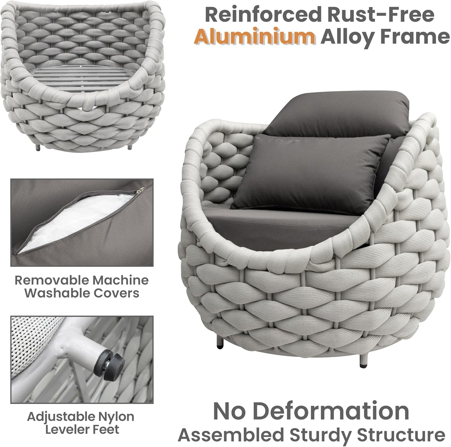 Patio Conversation Deck Furniture Sets: 6-Piece Aluminum Woven Rope Outdoor Sofa Set - Modern Cushions Couch Set - No Assembly Metal Porch Seating for Deck Yard Garden Lanai Pool Hotel Resort