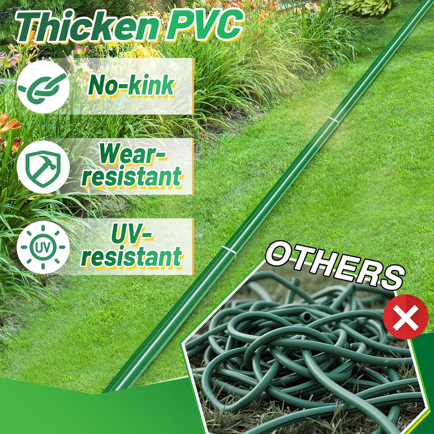 50ft Sprinkler Soaker Hose - Kink-free, Save Water, Flexible - Heavy Duty Three Tube Flat Watering Hose for Garden Yard Lawn Irrigation, With 15 Stakes