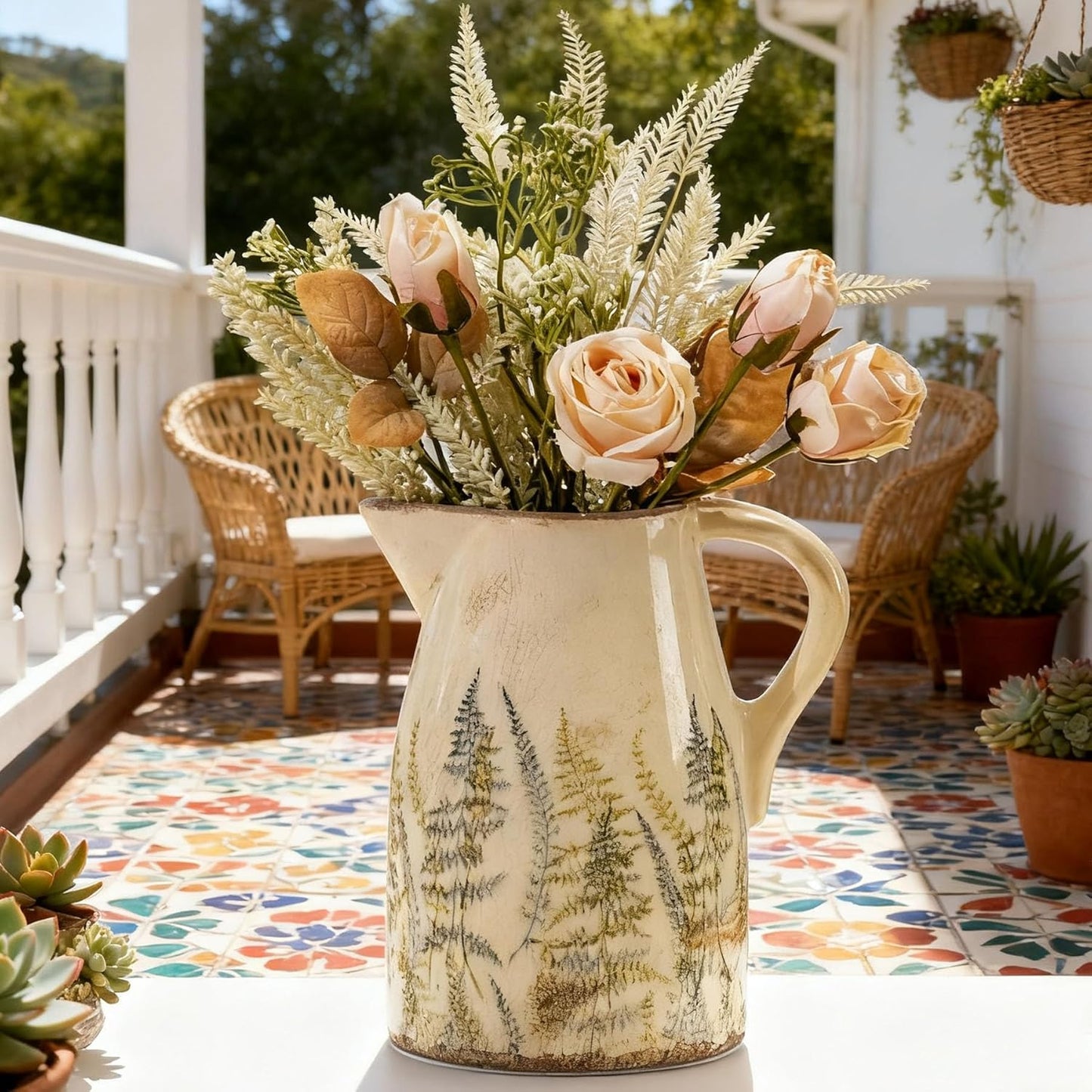 Vintage Ceramic Pitcher Vase with Handle, Farmhouse Green and Purple Large Floral Vases, French Country Decorative Vase, Rustic Table Centerpiece for Home Decor, Bookshelf, Office 7.3 Inch