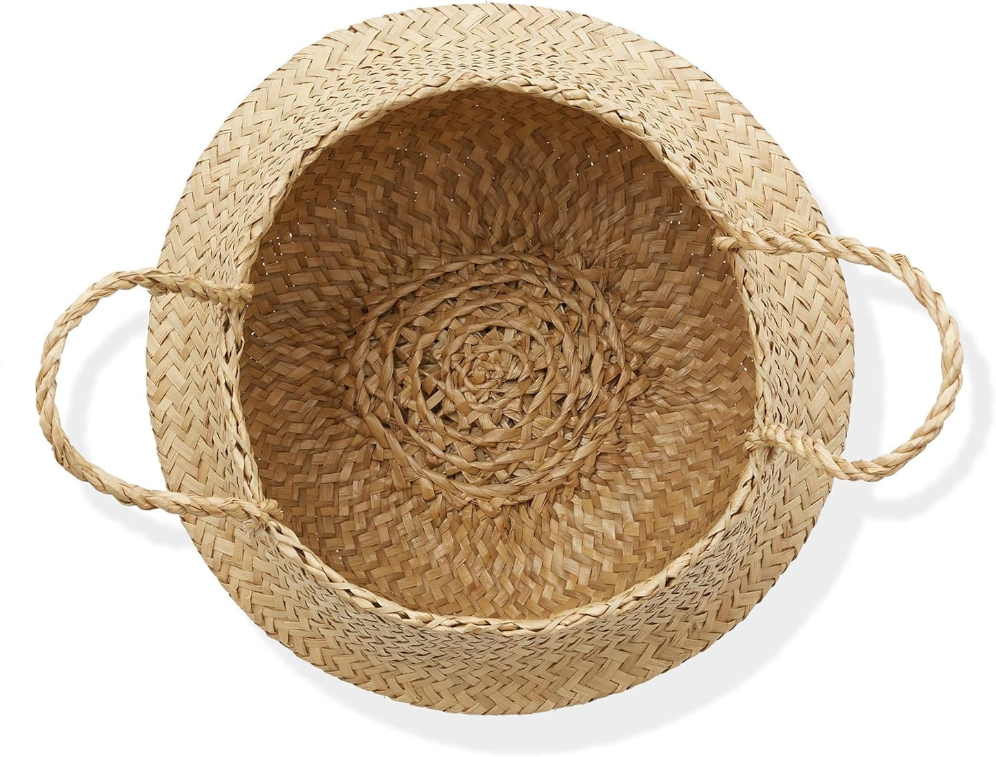 Casafield Seagrass Belly Storage Basket Planter with Handles - Medium, Natural Woven Wicker Indoor Plant Pot Cover for Plants and Trees