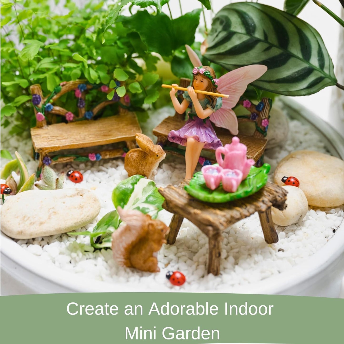 PRETMANNS Fairy Starter Kit with Accessories for Indoor Outdoor Miniature Garden – Adorable Figurine with Furniture, Squirrel, Bunny & Tea Set – 14 Piece Hand-Painted Resin Set