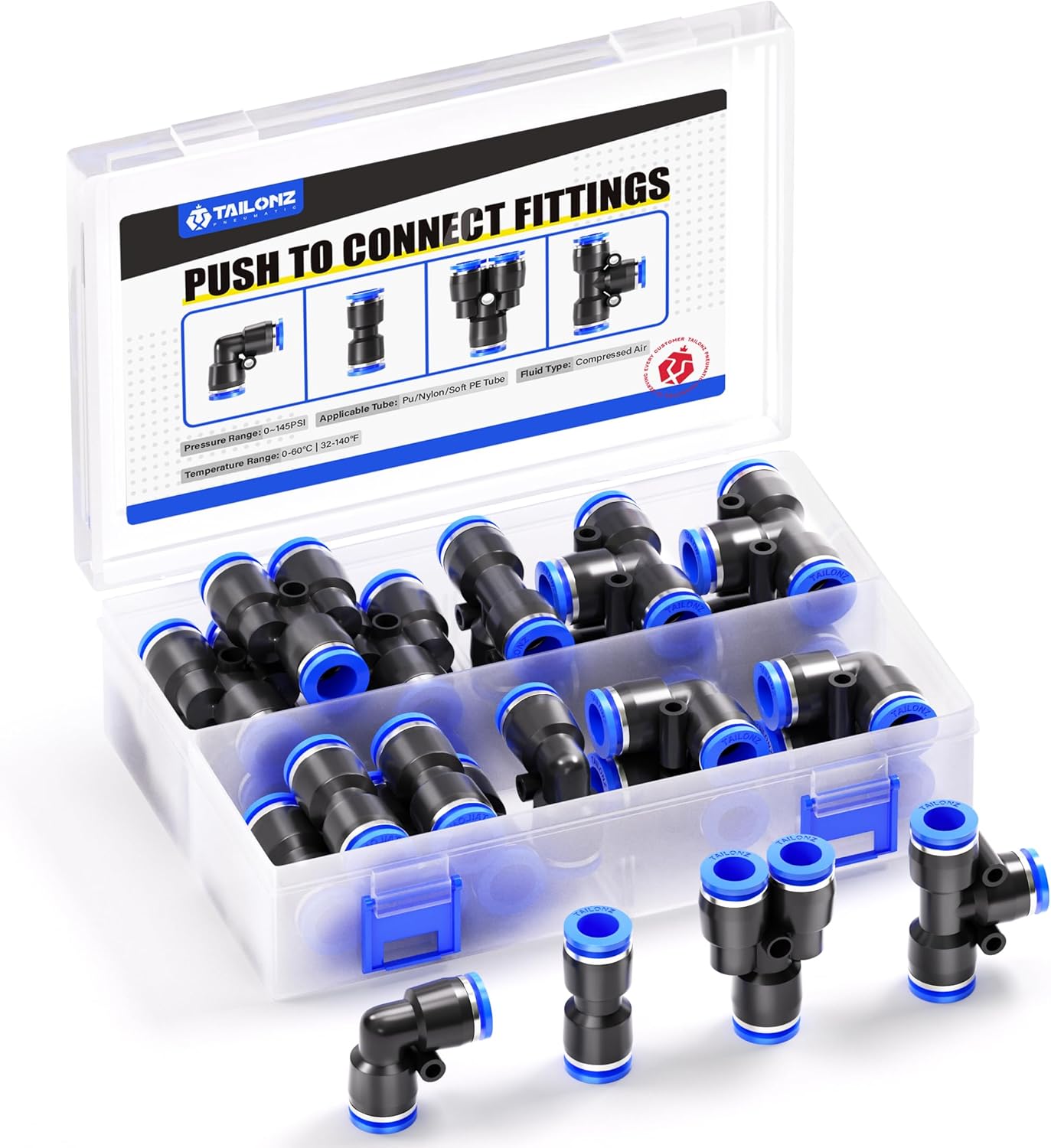 TAILONZ PNEUMATIC 16mm od Push to Connect Fittings Pneumatic Fittings Kit 5 Spliters+5 Elbows+5 tee+5 Straight (20 pcs)