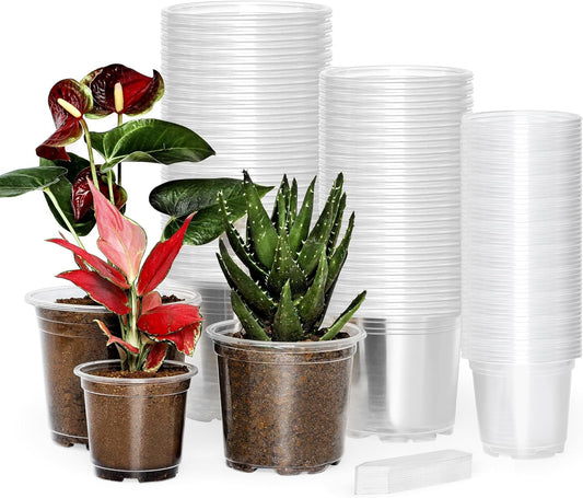 60 Pack 4/5/6 Inch Clear Nursery Pots with Drainage Holes, Transparent Plastic Plant Pots, Reinforced Seed Starter Flower Pots, Comes with 50pcs Plant Labels
