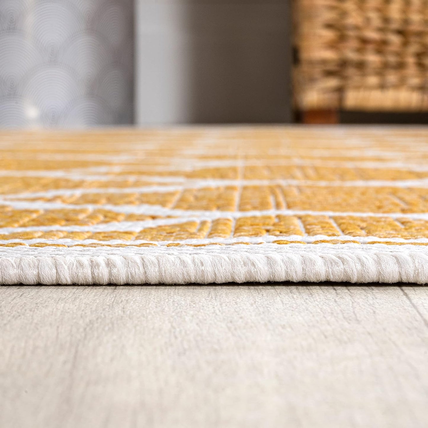 Eyely BMS109F-5R Santa Monica Trebol Moroccan Trellis Textured Weave Indoor/Outdoor Area Rug Coastal;Bohemian, Bedroom, Backyard, Patio, Easy-Cleaning, Non-Shedding, 5' Round, Yellow/Cream