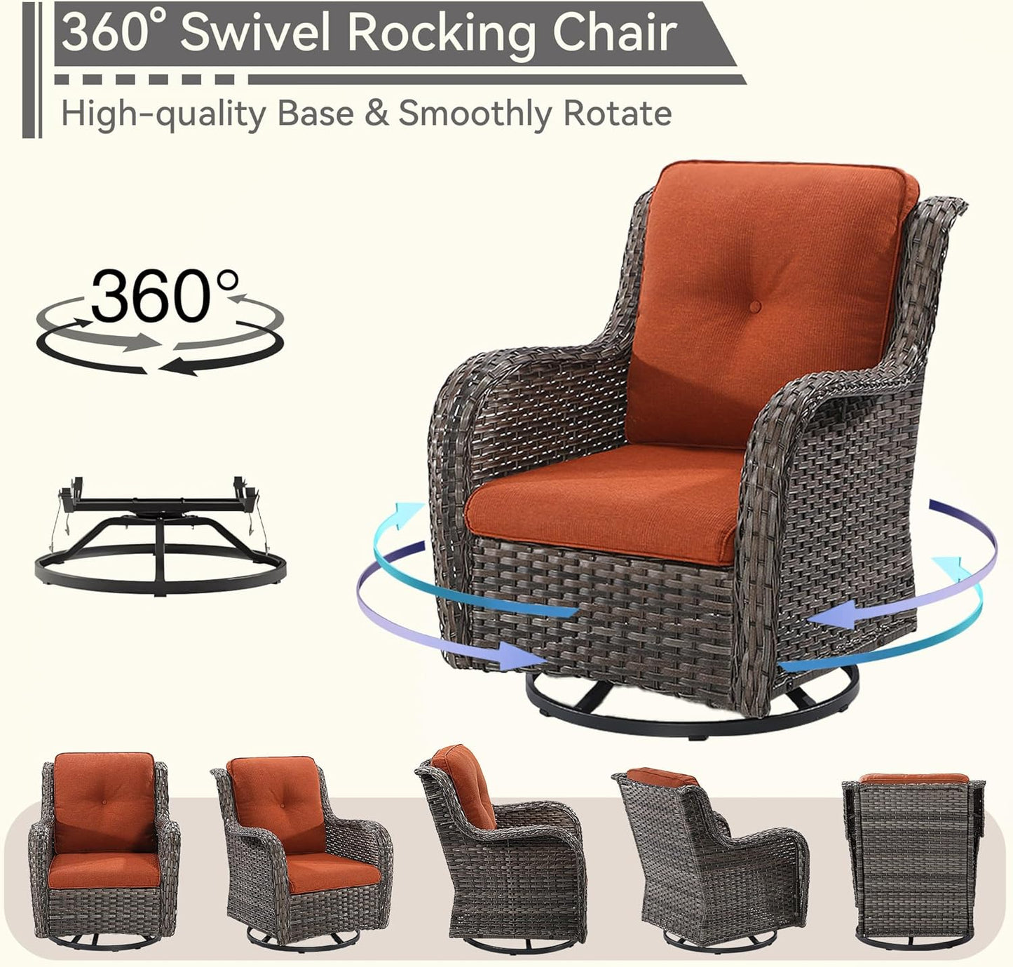 5 Pieces Outdoor Patio Furniture Set - Conversation Set Includes Wicker Swivel Rocker Chairs Set of 2, 2 Ottoman, 3-Seat Sofa, Suitable for Porch, Yard, Mixed Brown Rattan, Orange