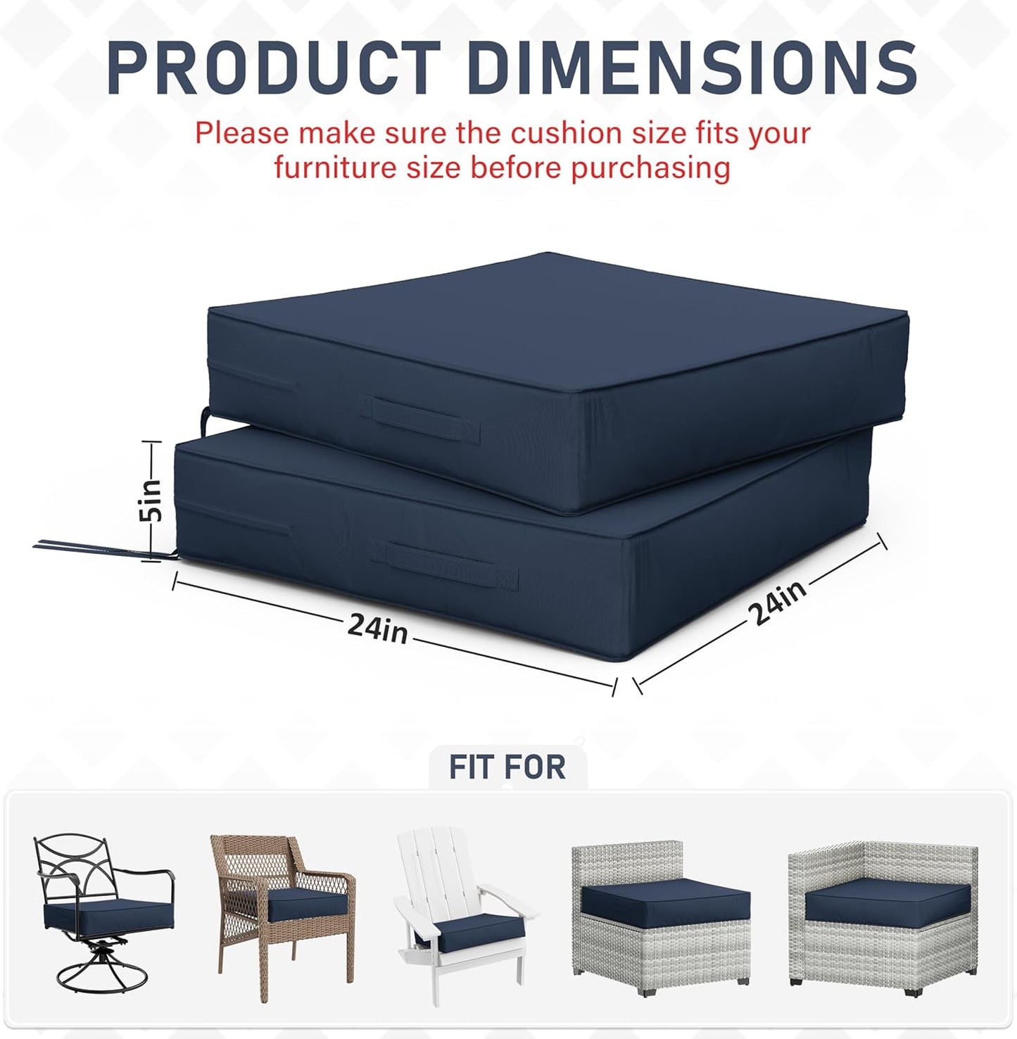 Patio Chair Cushions 24 X 24 X 5 Inch Waterproof Outdoor Seat Cushions for Patio Furniture, Outdoor Sofa Couch Pads with Ties & Handle, Set of 2, Navy Blue