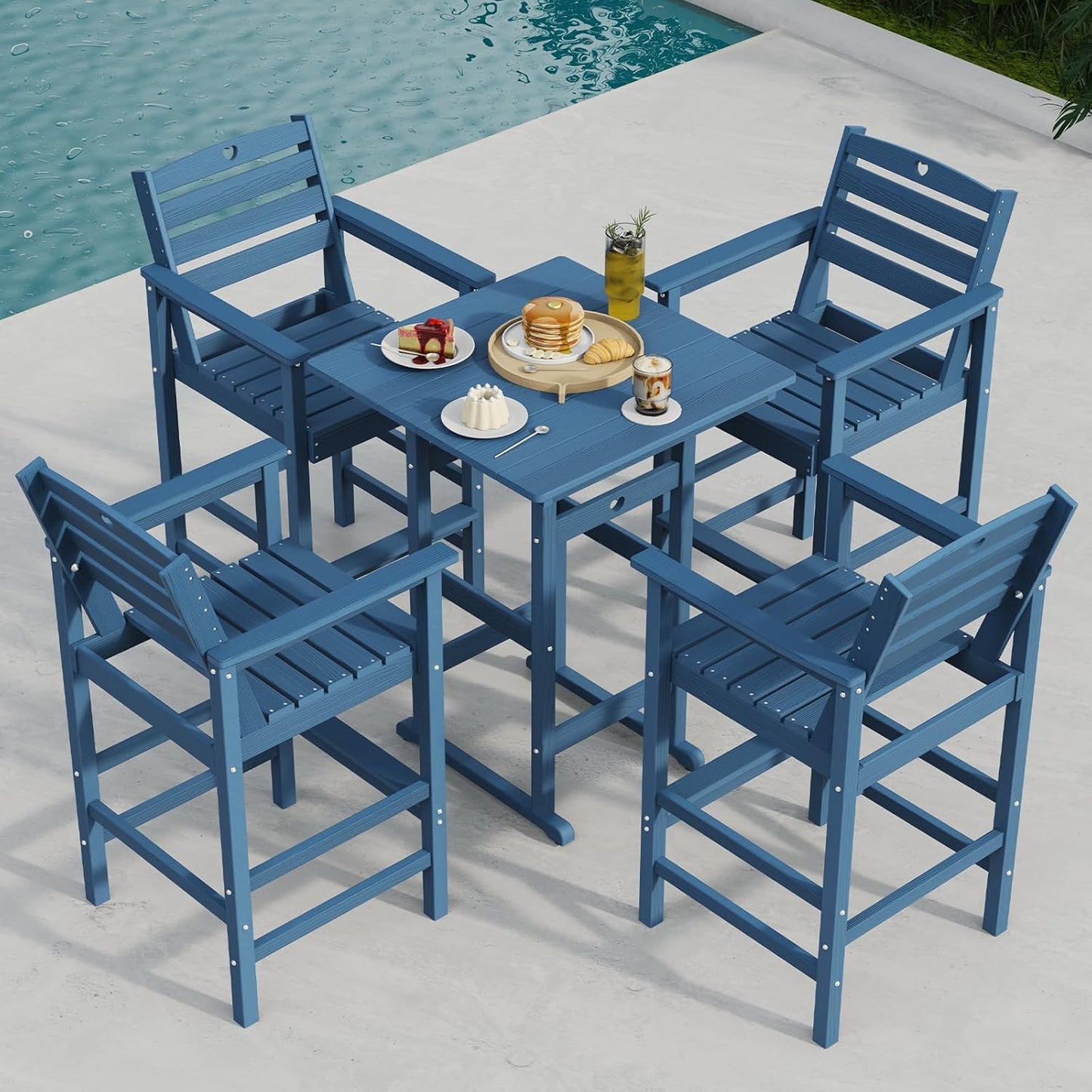Tall Adirondack Chairs Set of 2, HDPE Wood Balcony Adirondack Chairs Set with Heart Cutout Design, Weather-Resistant Bar Height Furniture for Deck, Porch, Pool (Navy Blue)