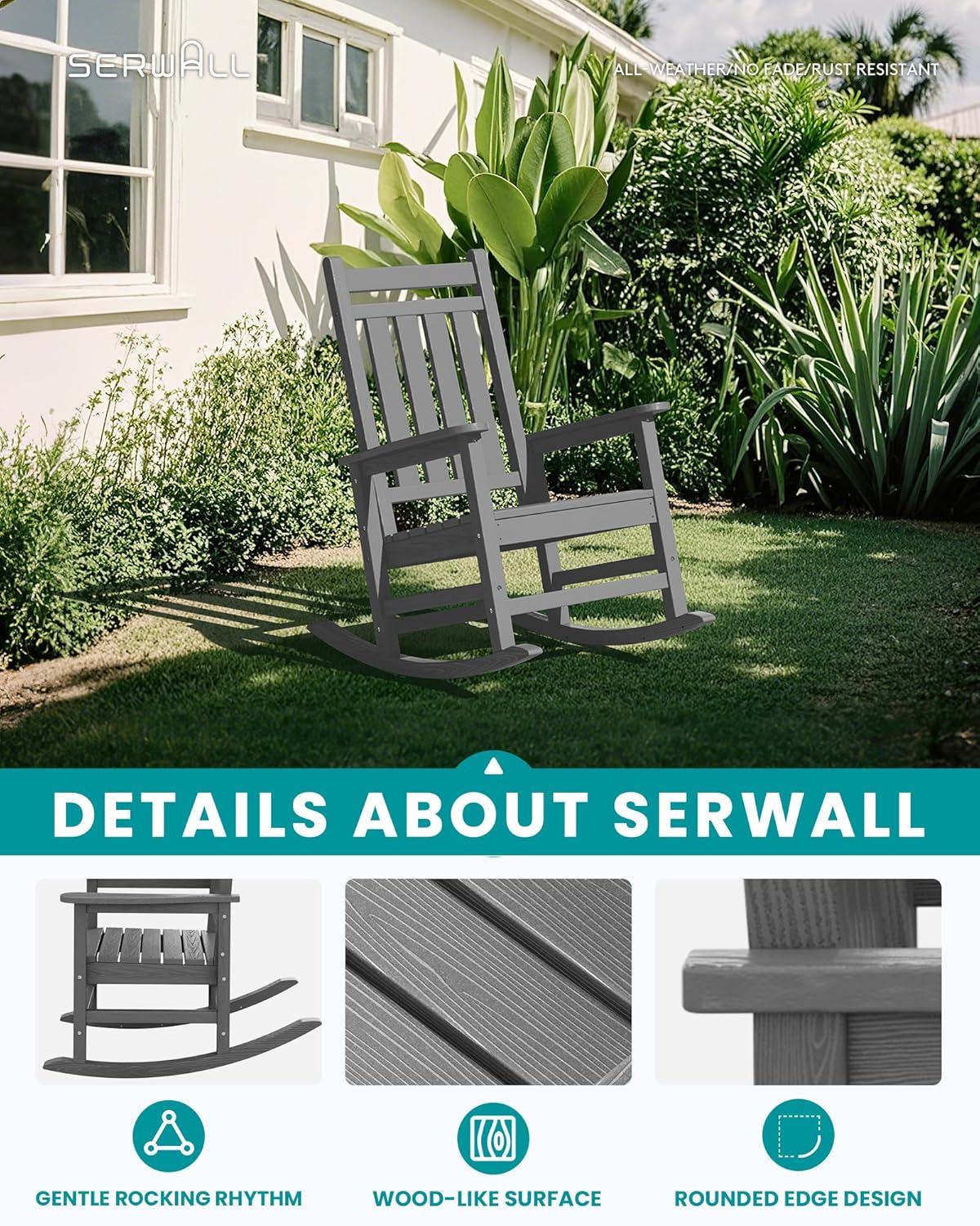 SEWALL HDPE Rocking Chair, Oversized Outdoor Rocking Chair for Adults, Patio Rocker for Porch, Grey