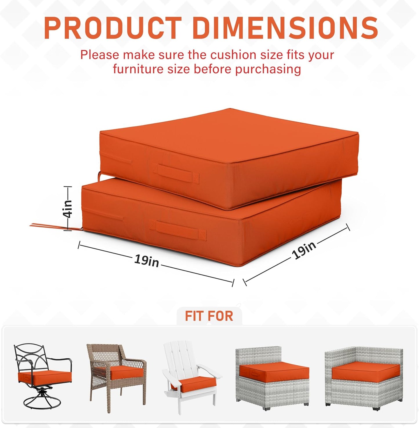 Patio Chair Cushions 19 X 19 X 4 Inch Waterproof Outdoor Seat Cushions for Patio Furniture, Outdoor Sofa Couch Pads with Ties & Handle, Set of 2, Orange