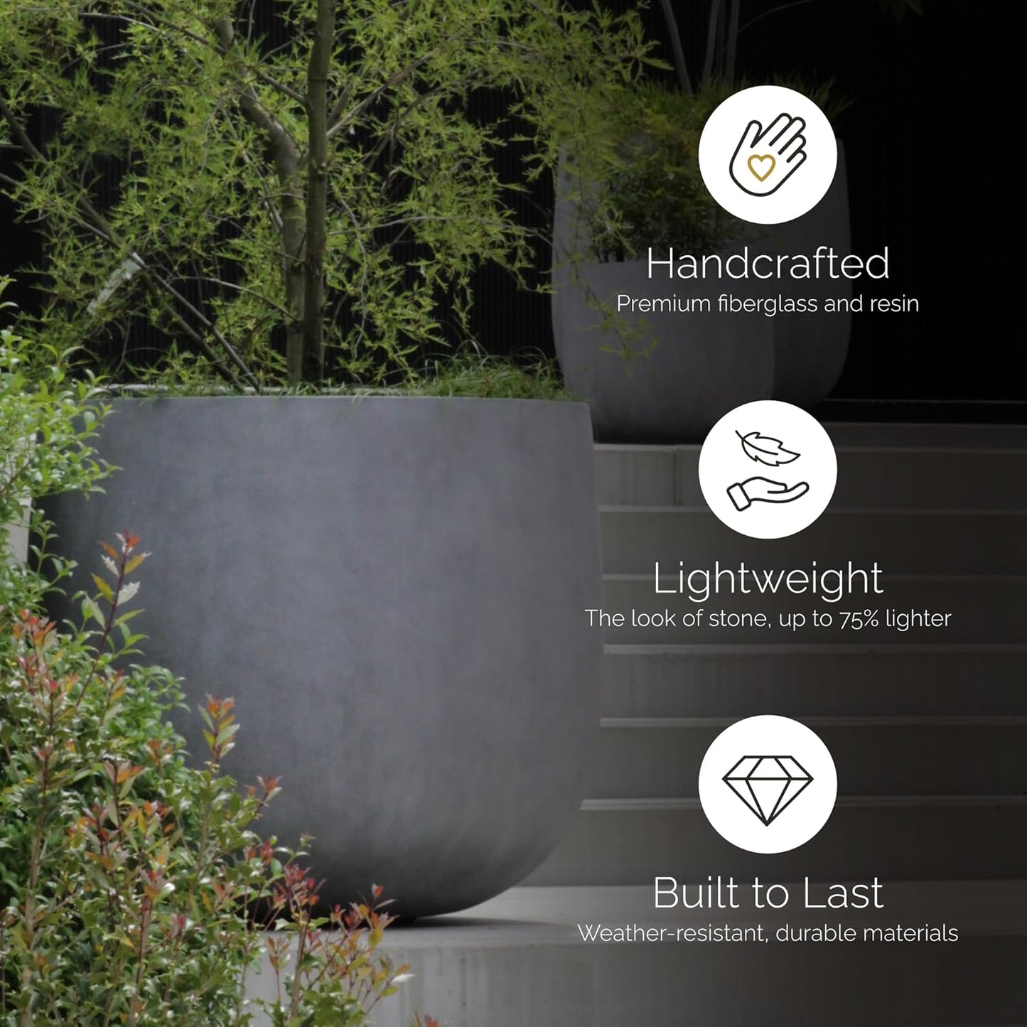 Mondo Large Planter – River Stone Finish – Fiberglass Indoor/Outdoor and Weather-Resistant Round Planter (19.7" D x 19.1" H Exterior, 18.5" D x 18.5" H Interior)