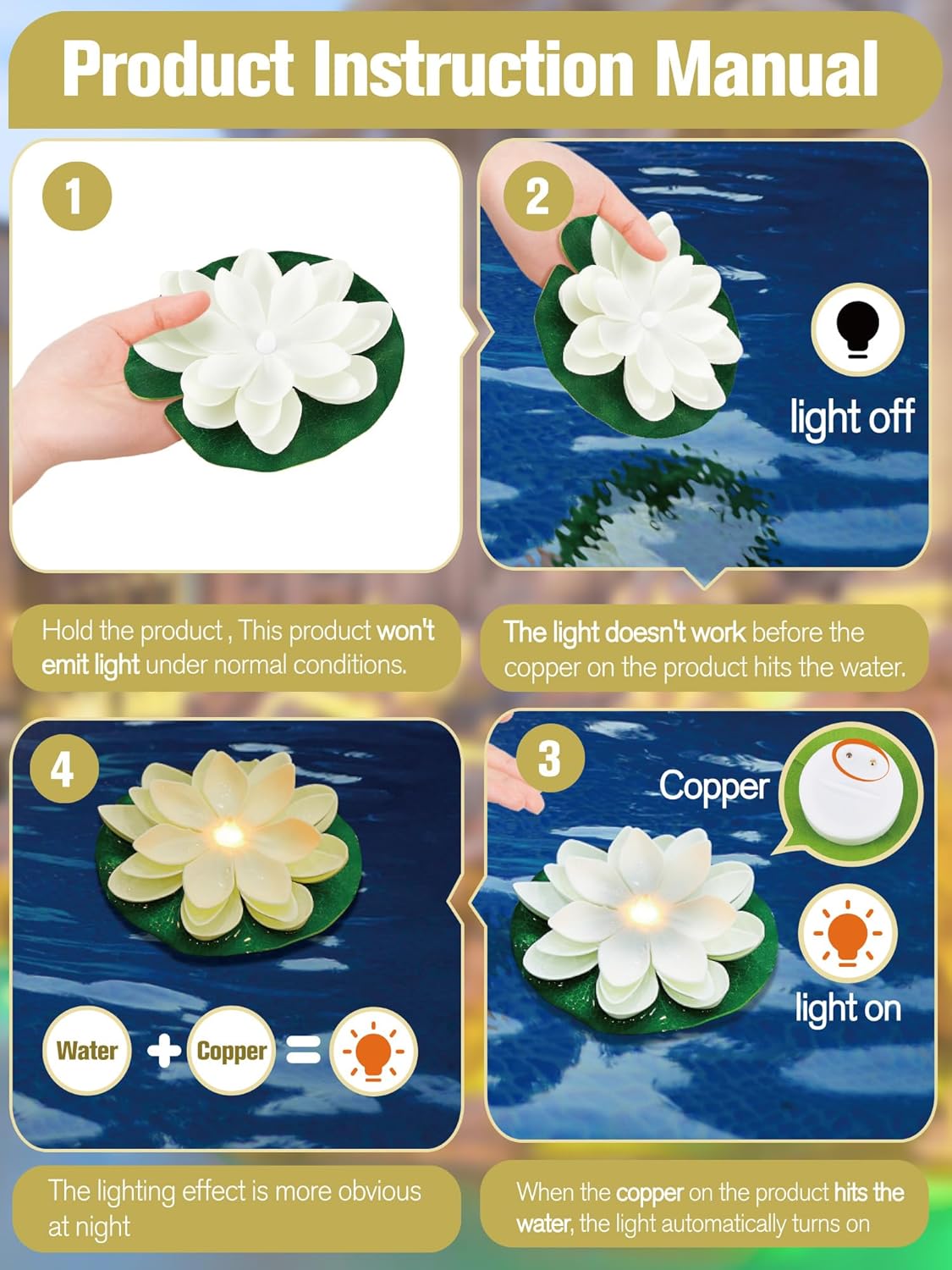 Hortsun 12 Pcs Floating Lotus Lights with Batteries Lily Pads Pool Flowers Diwali Pooja Decorations Floating Candles Decor for Pool Pond Outdoor Indoor(5.91 Inch,Multicolor)