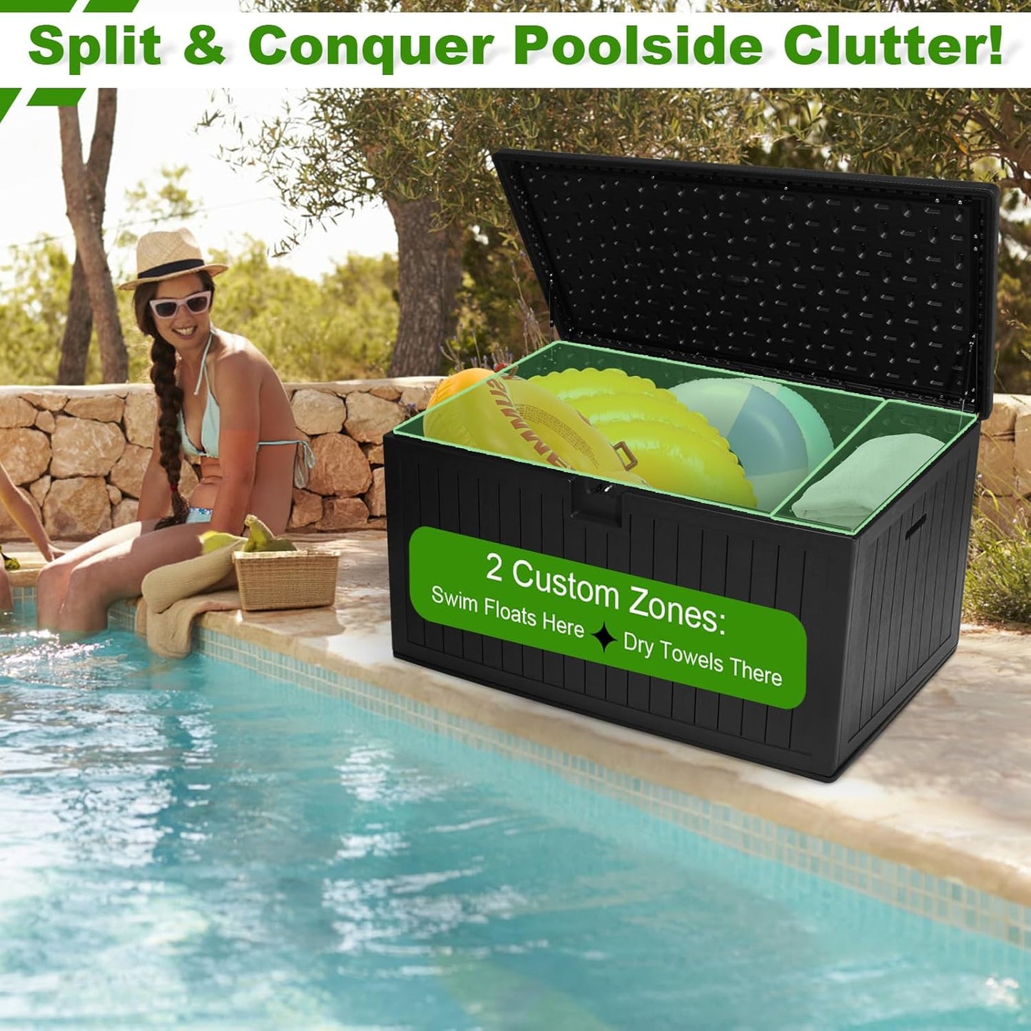 270 Gallon Outdoor Storage Box Waterproof, Extra Large Plastic Outside Deck Box Weatherproof, Resin Patio Storage Bin with Lock and Lids for Pool Equipment and Cushion, Black