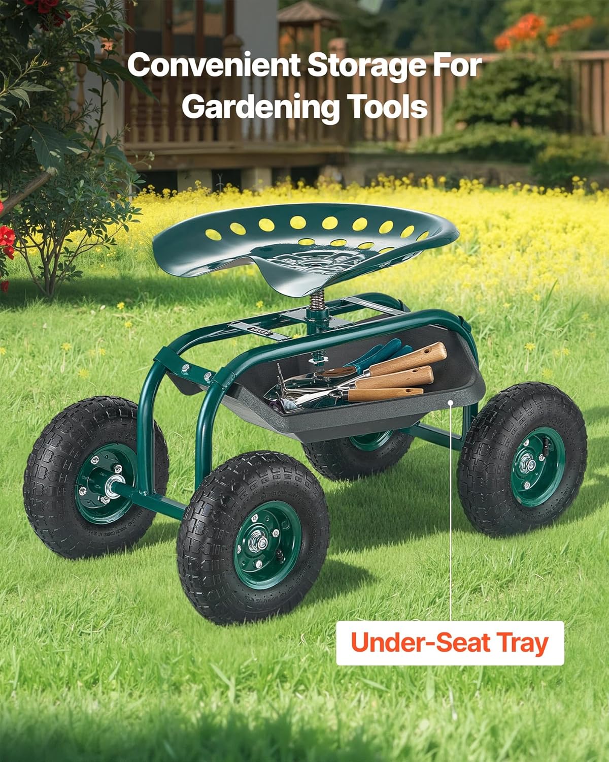 VEVOR Rolling Garden Cart with Swivel Seat, Heavy Duty Garden Seat with Storage Basket & Tool Tray, 300 lbs Weight Capacity, Outdoor Utility Gardening Stool Scooter for Lawn Yard Planting Weeding