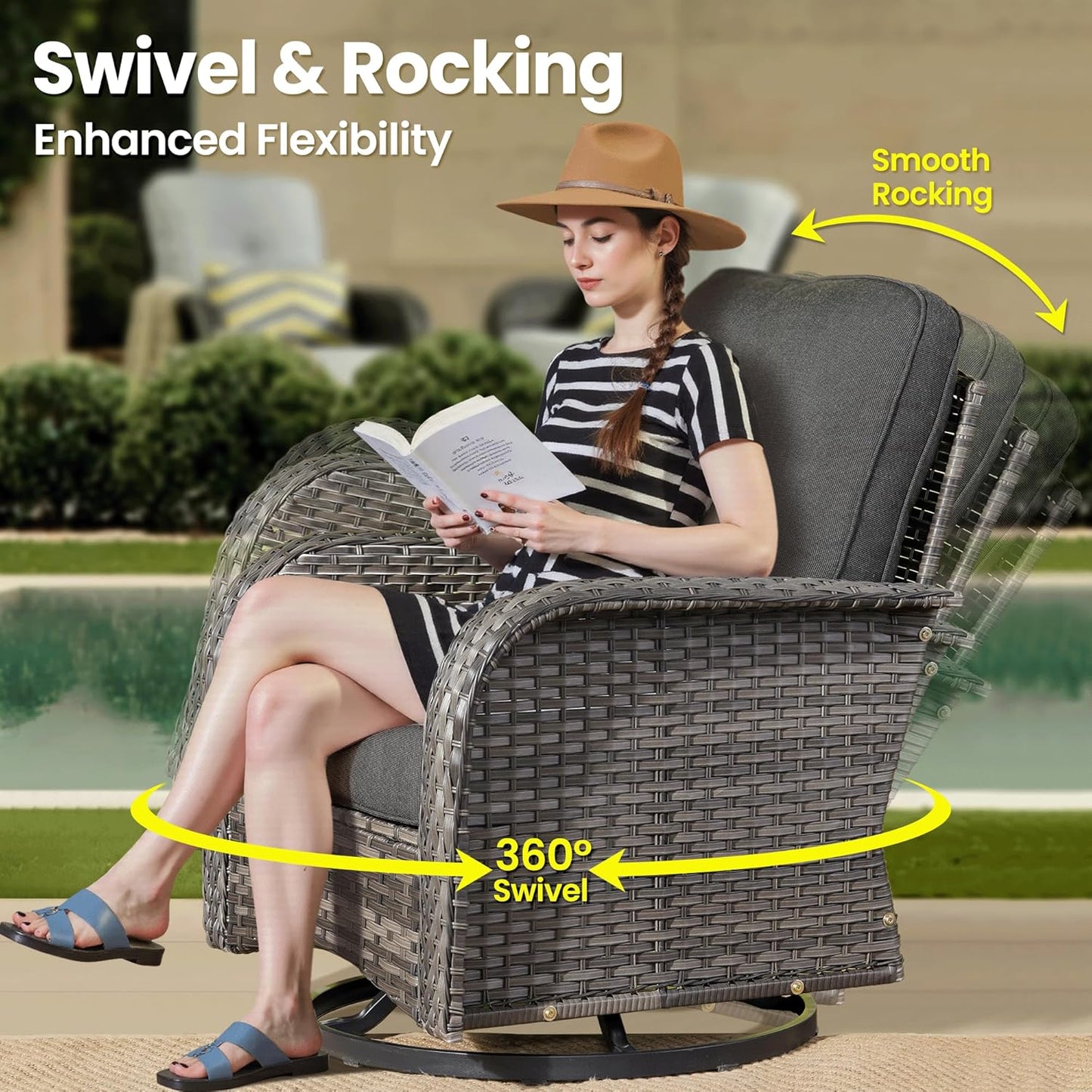 ovios 7 Pieces Patio Furniture Set, Outdoor Wicker Sofa with Swivel Chairs, Coffee Table, All Weather High Back Rattan Loveseat Couch with Comfy Cushions, Black