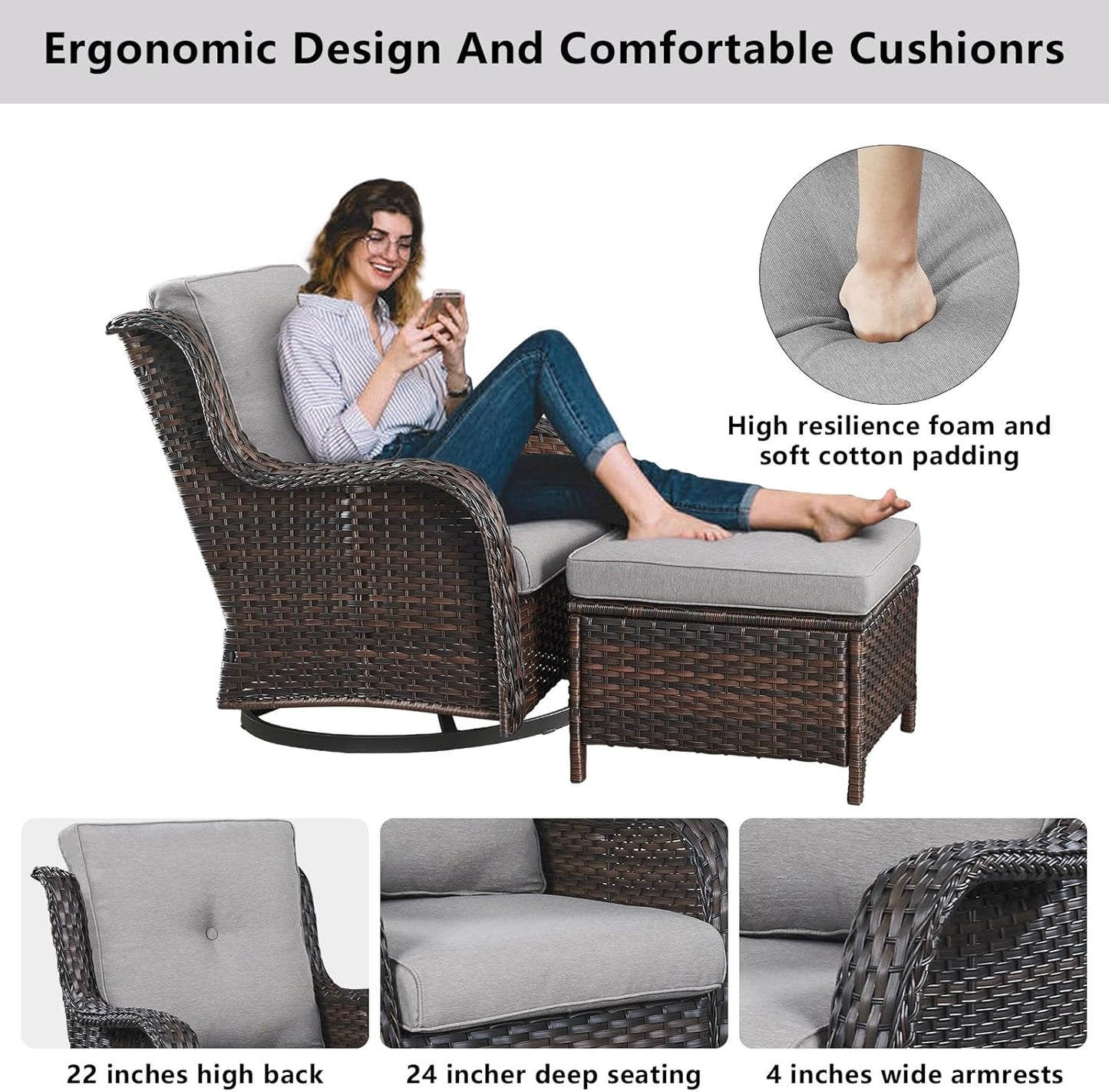 Wicker Outdoor Furniture Patio Furniture Set - 6 Piece Patio Conversation Set with Swivel Rocker Chairs, Rattan Sofa, Ottomans and Coffee Table, Gray Cushion