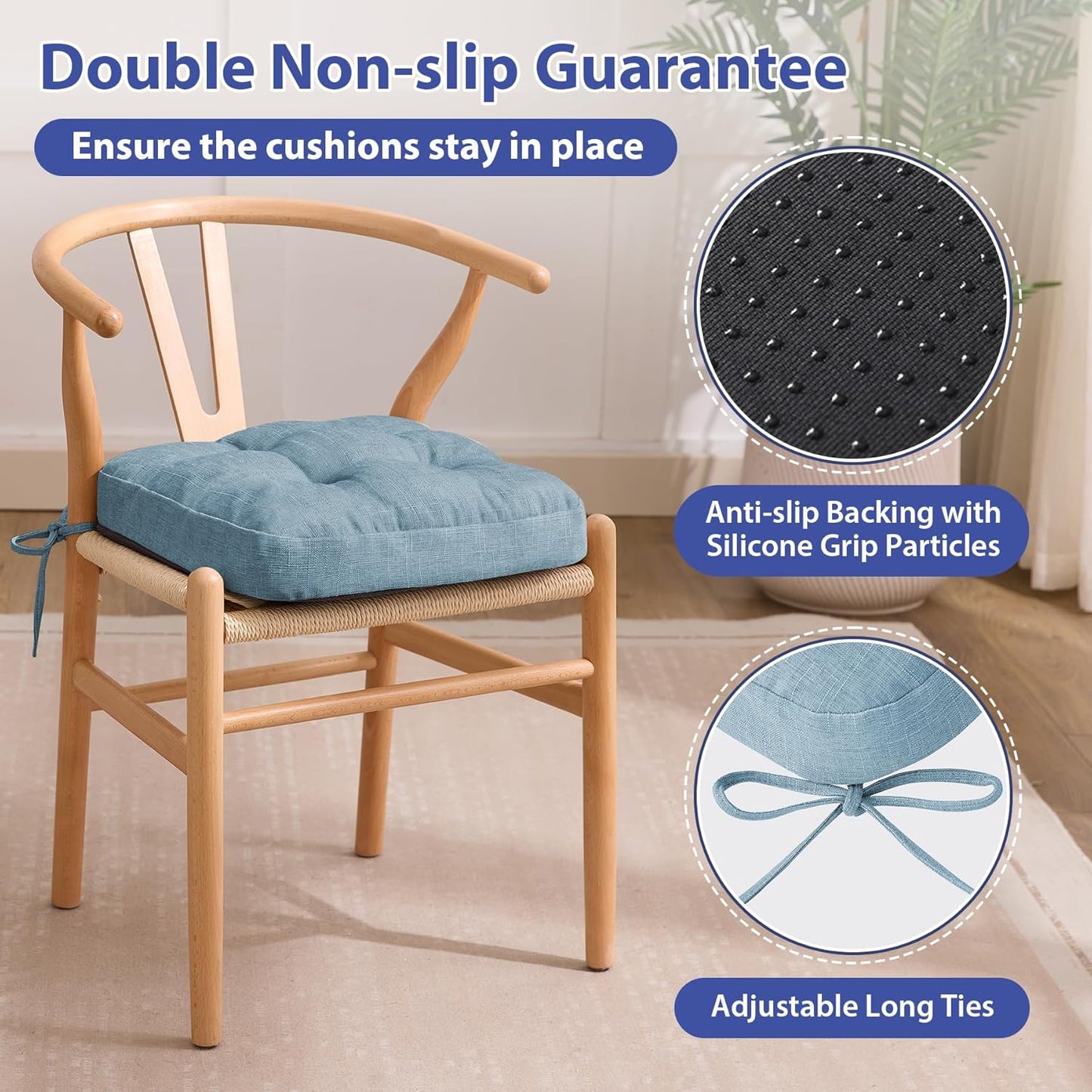 Chair Cushions for Dining Chairs, Dining Chair Cushions, Tufted Indoor Chair Pads with Ties & Non Slip Backing, Seat Cushions for Kitchen Chairs 16.5” x 16.5” x 3.5”, Set of 6, Light Blue