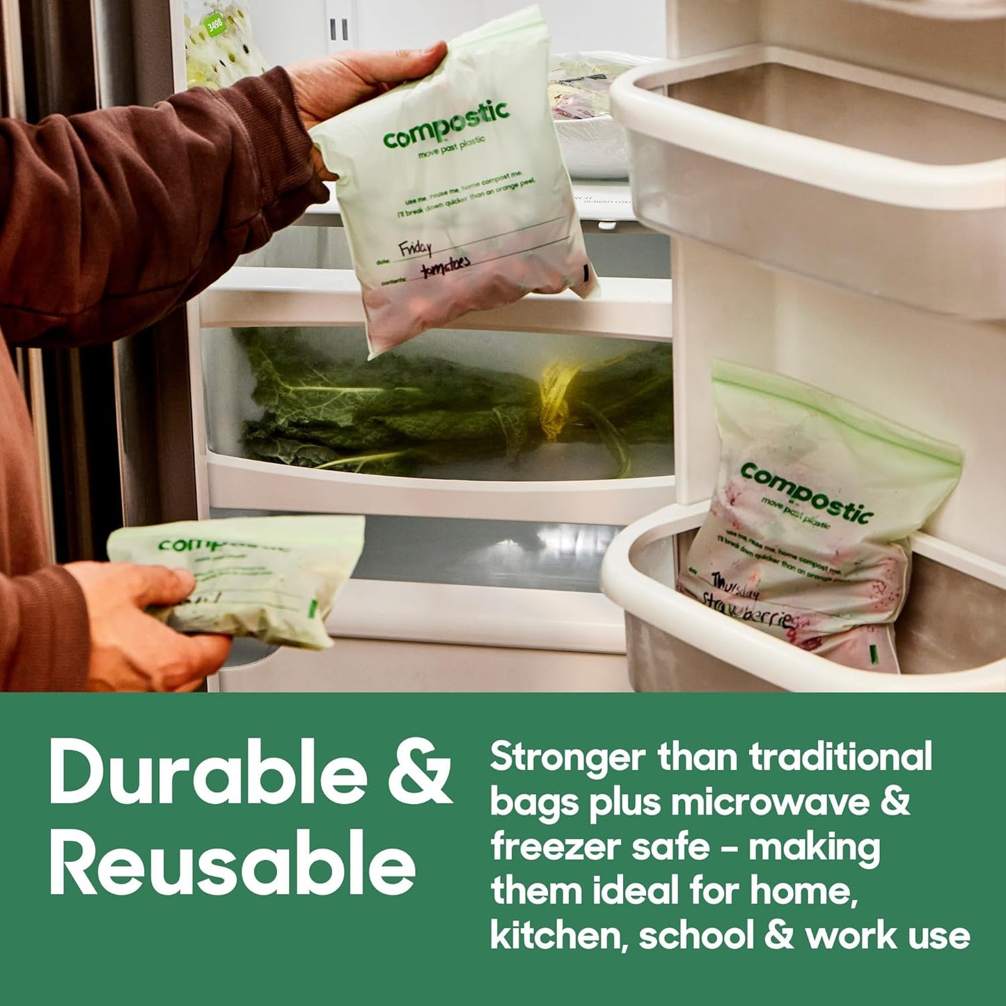 Home Compostable Resealable Snack Bags (6"x 3.5"), Microwave & Freezer Safe, Organic Food Storage Container, 100 Count