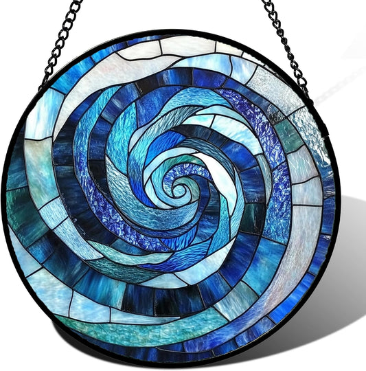 Stained Glass Window Hanging - Blue Abstract Swirl Suncatcher for Doors Garden Patio Unique Sun Catchers Decor Christmas Mother's Day Birthday Gifts for Women Men Mom Nana Friend 11.8 in
