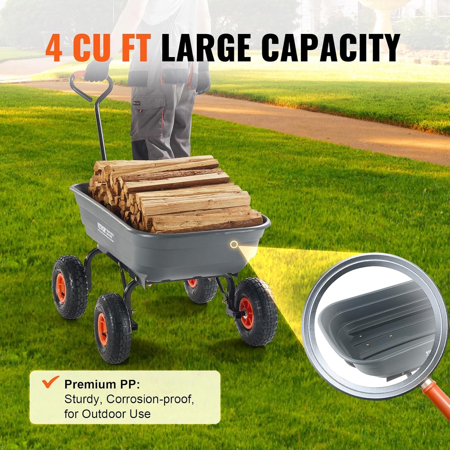 VEVOR 4 Cu.Ft. 600lbs Poly Garden Cart Dump Wagon, Heavy Duty 4 Wheel Wheelbarrow Yard Cart Dump Wagon with 10in All Terrain Wheels, Steel Frame and Quick Release System