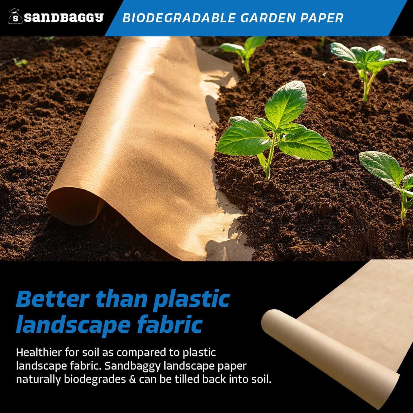 Sandbaggy Biodegradable Landscape Fabric - Garden Paper for Weeds - Paper Mulch Rolls - Made in America (2 ft x 50 ft, 1)