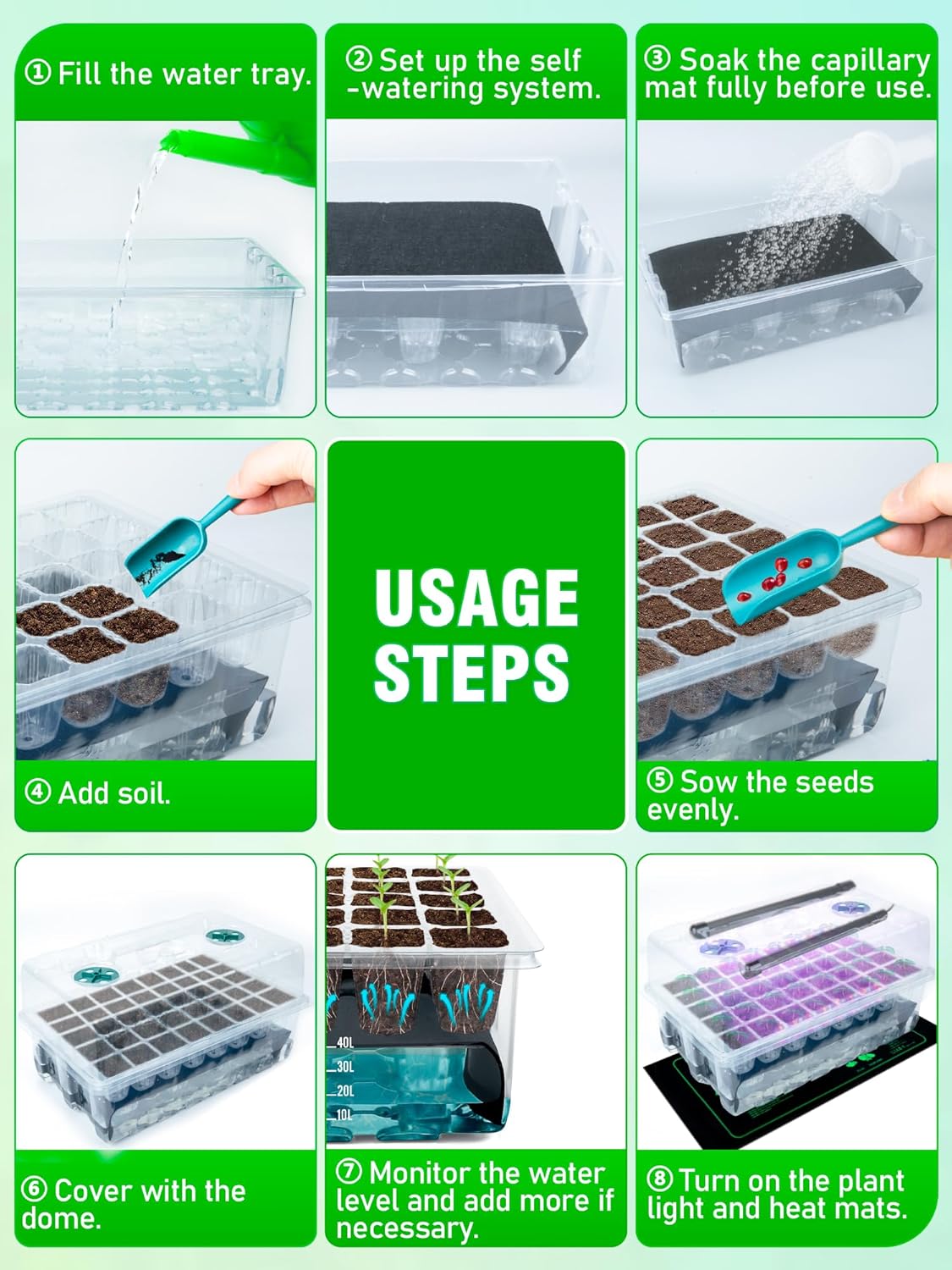 80-Cell Self-Watering Seed Starter Tray with Grow Light and Heat Mat, Plant Starter Trays Seed Starter Kit, Seed Starter Tray for Seed Starting, Plant Germination & Seedling Growing, 2 Pack
