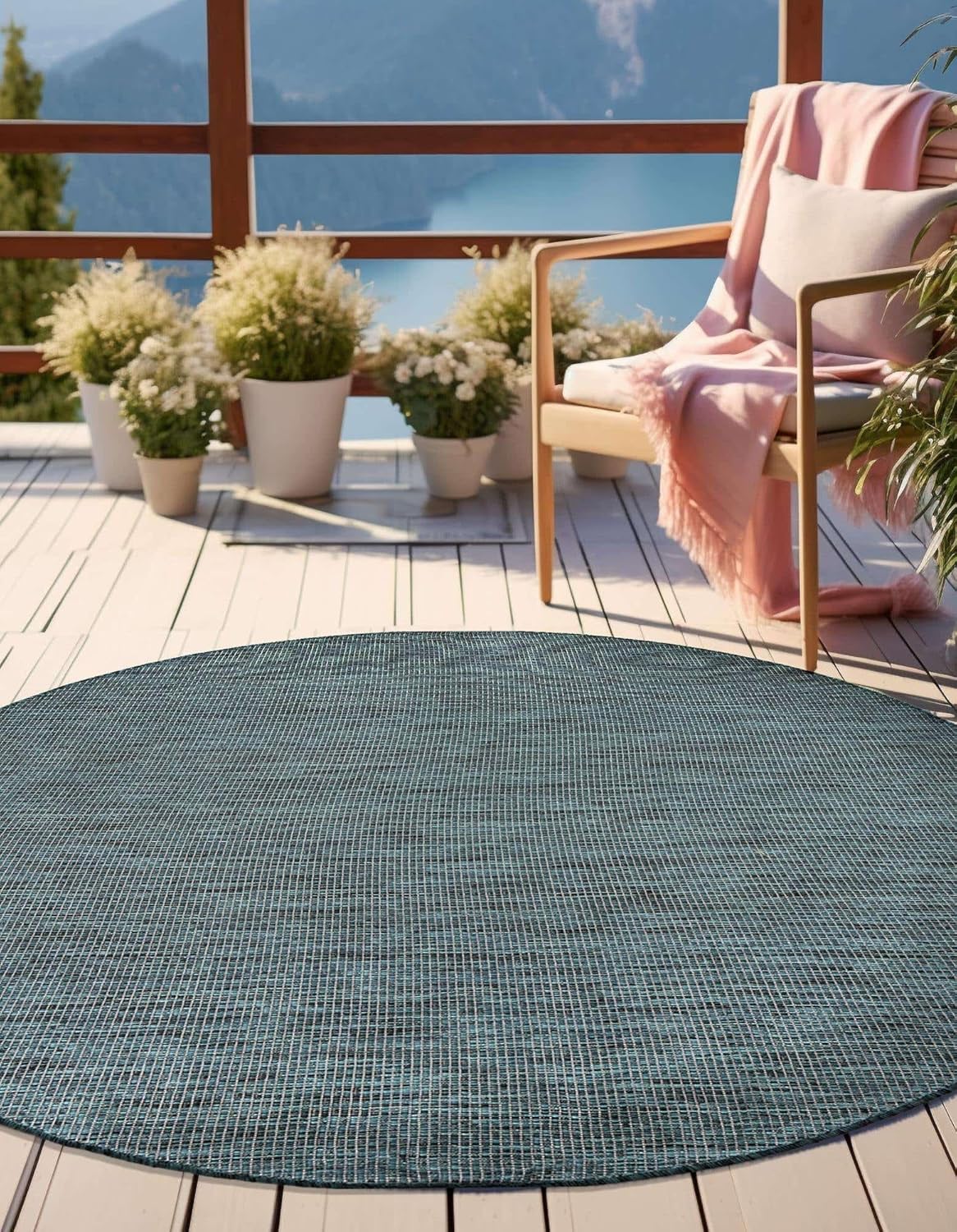 Unique Loom Outdoor Solid Collection Area Rug (7' 10" Round Teal/Navy Blue)
