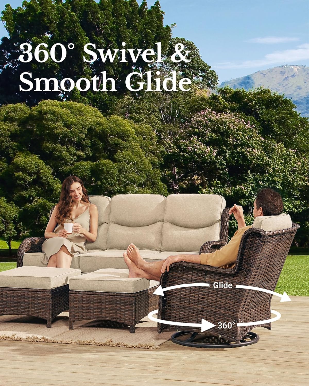 HILLGA Luxury Patio Furniture Set with 6-inch Thick Cushion, Outdoor Couch and High Back Swivel Rocker Patio Chairs, 6PCS Wicker Conversation Set for Deck Yard and Poolside, Beige (V2)