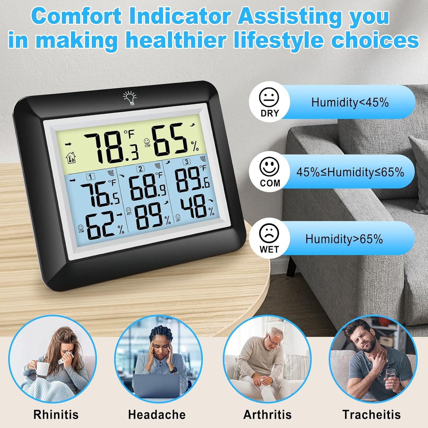 Urageuxy Wireless Indoor Outdoor Thermometer Hygrometer, Digital Temperature and Humidity Monitor with 328ft Range Remote Sensor for Home, Greenhouse, Bedroom, Kitchen, Refrigerator, Black