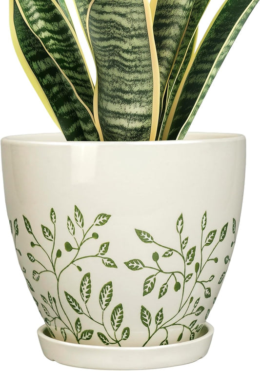 Ceramic Planter for Indoor Plants - 8.2 Inch Plant Pot with Drainage Hole and Saucer, Boho Round Planter for Indoor Outdoor Flowers, Plant Lover Gifts, Home Garden House Decor, White
